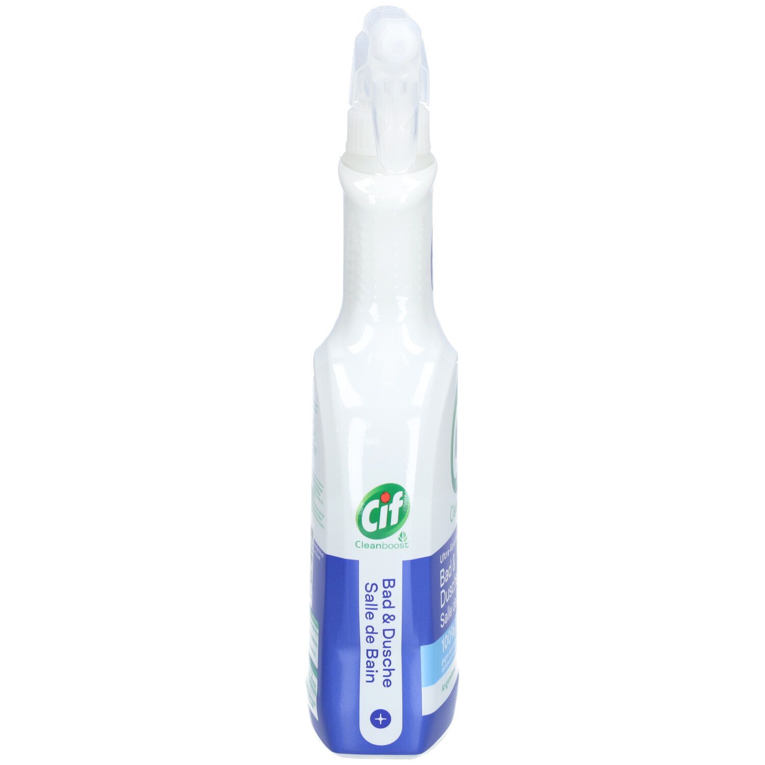 Flacon pulvérisateur blanc et élancé avec logo Cif. La tête de pulvérisation est fixée en haut. Désignation du produit en bleu.