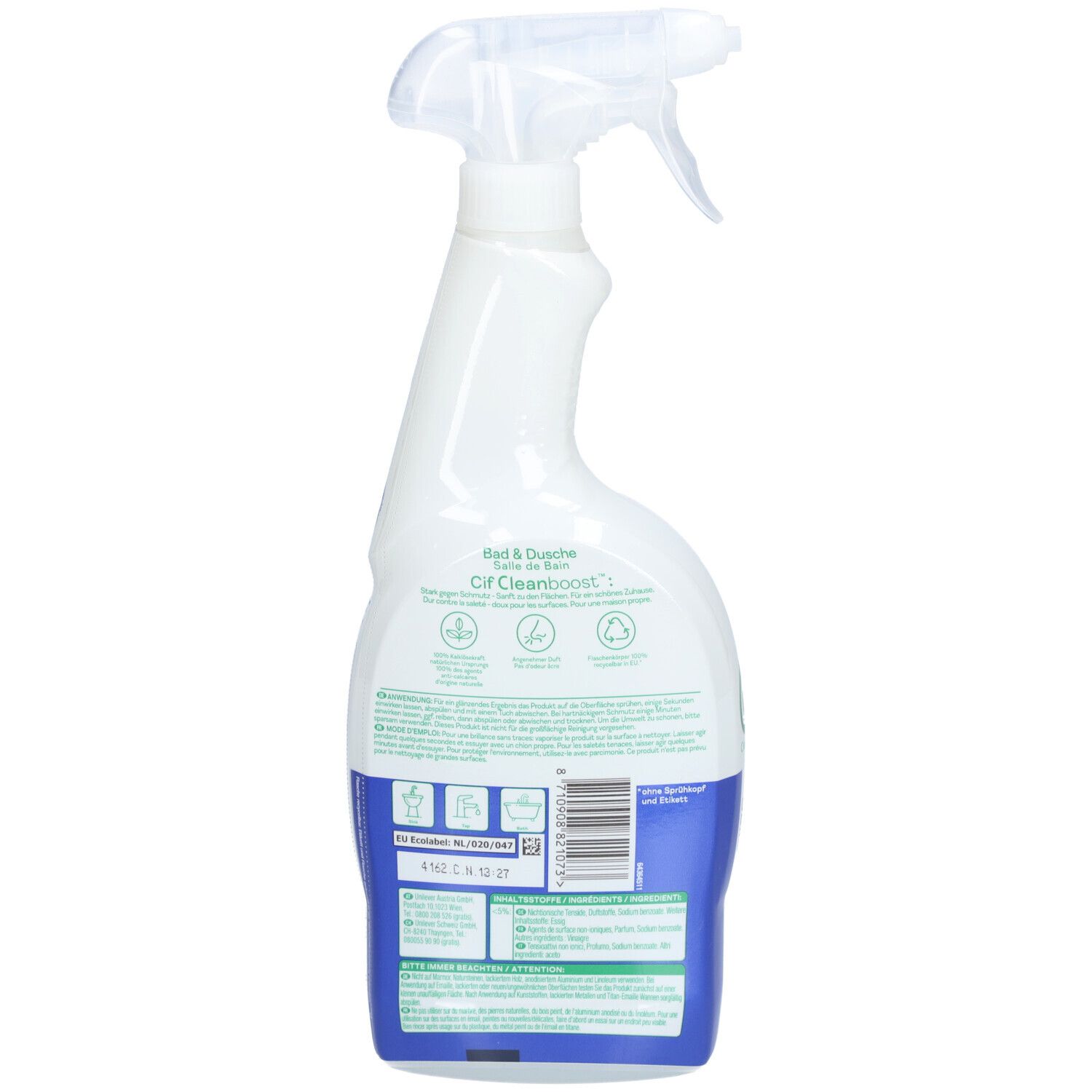 Dos du flacon pulvérisateur blanc avec logo Cif. Contient des informations sur le produit et des logos.