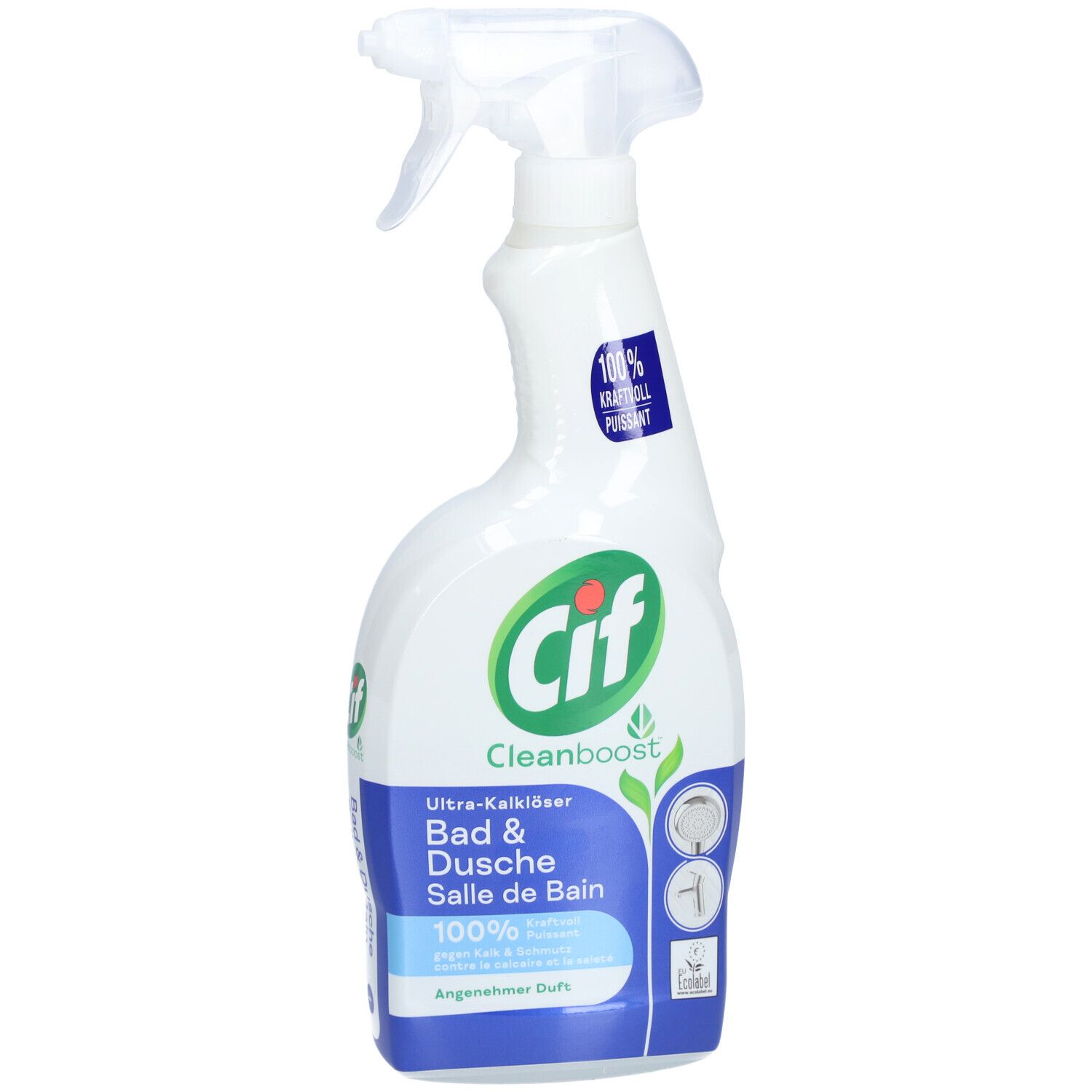 Flacon pulvérisateur blanc avec logo Cif et nom du produit. La tête de pulvérisation est fixée en haut.