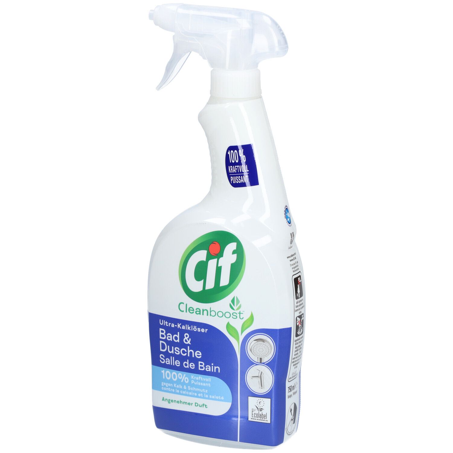 Flacon pulvérisateur blanc avec logo Cif et nom du produit. La tête de pulvérisation est fixée en haut.