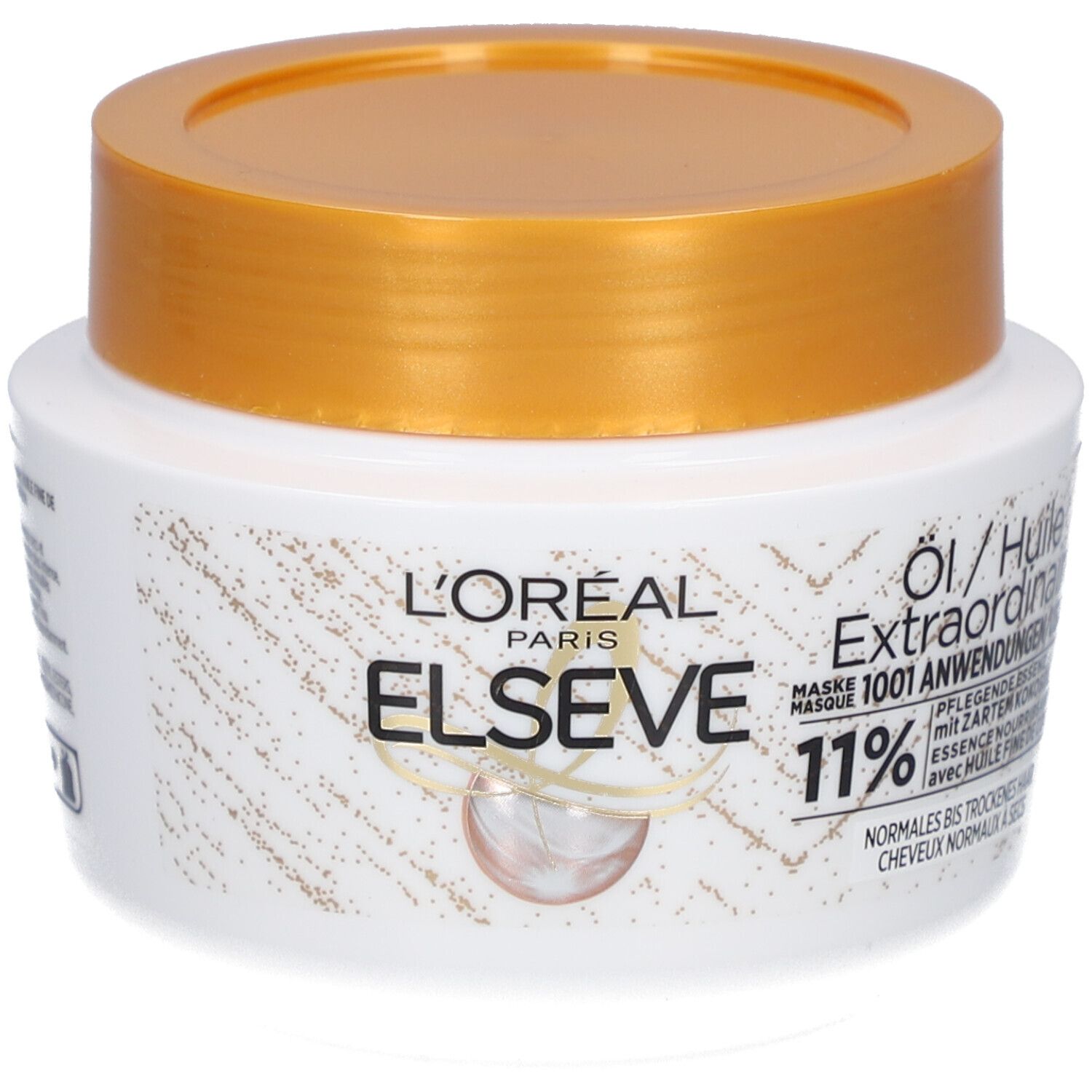 Pot blanc avec couvercle doré. Inscription : L'Oréal Paris Elseve, Masque 1001 Usages, Huile Extraordinaire.