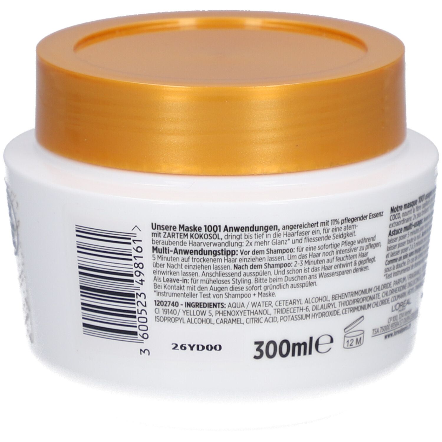 Dos du pot blanc avec couvercle doré. Texte, code-barres et indication de volume : 300 ml.
