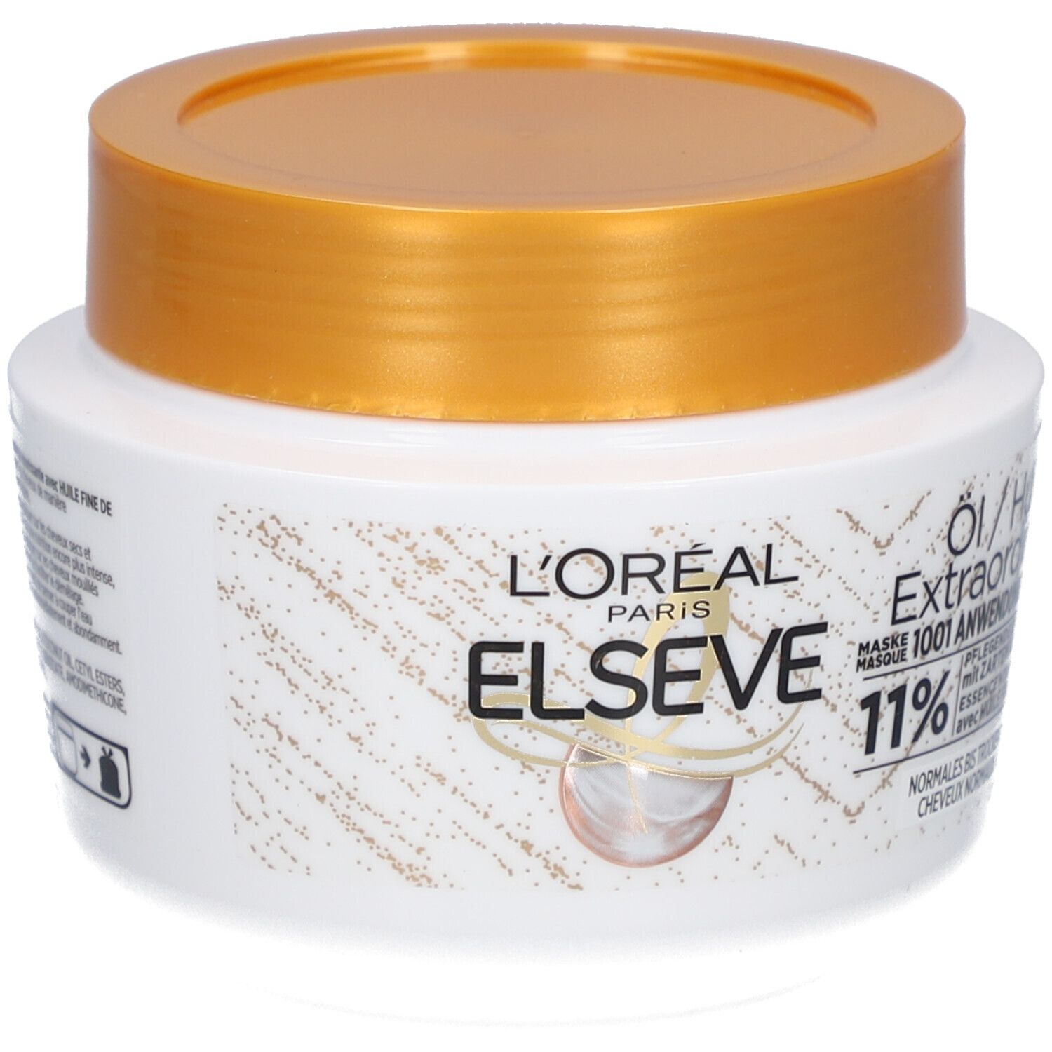 Pot blanc avec couvercle doré. Inscription : L'Oréal Paris Elseve, Masque 1001 Usages, Huile Extraordinaire.