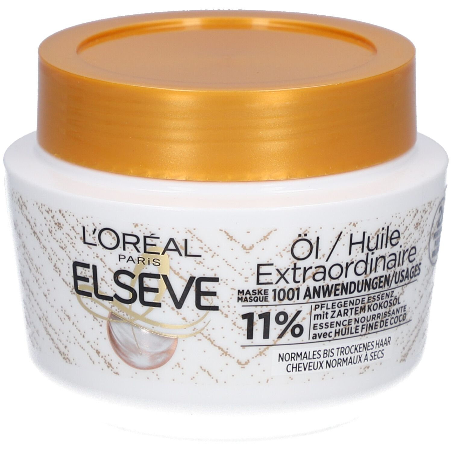 Pot blanc avec couvercle doré. Inscription : L'Oréal Paris Elseve, Masque 1001 Usages, Huile Extraordinaire.