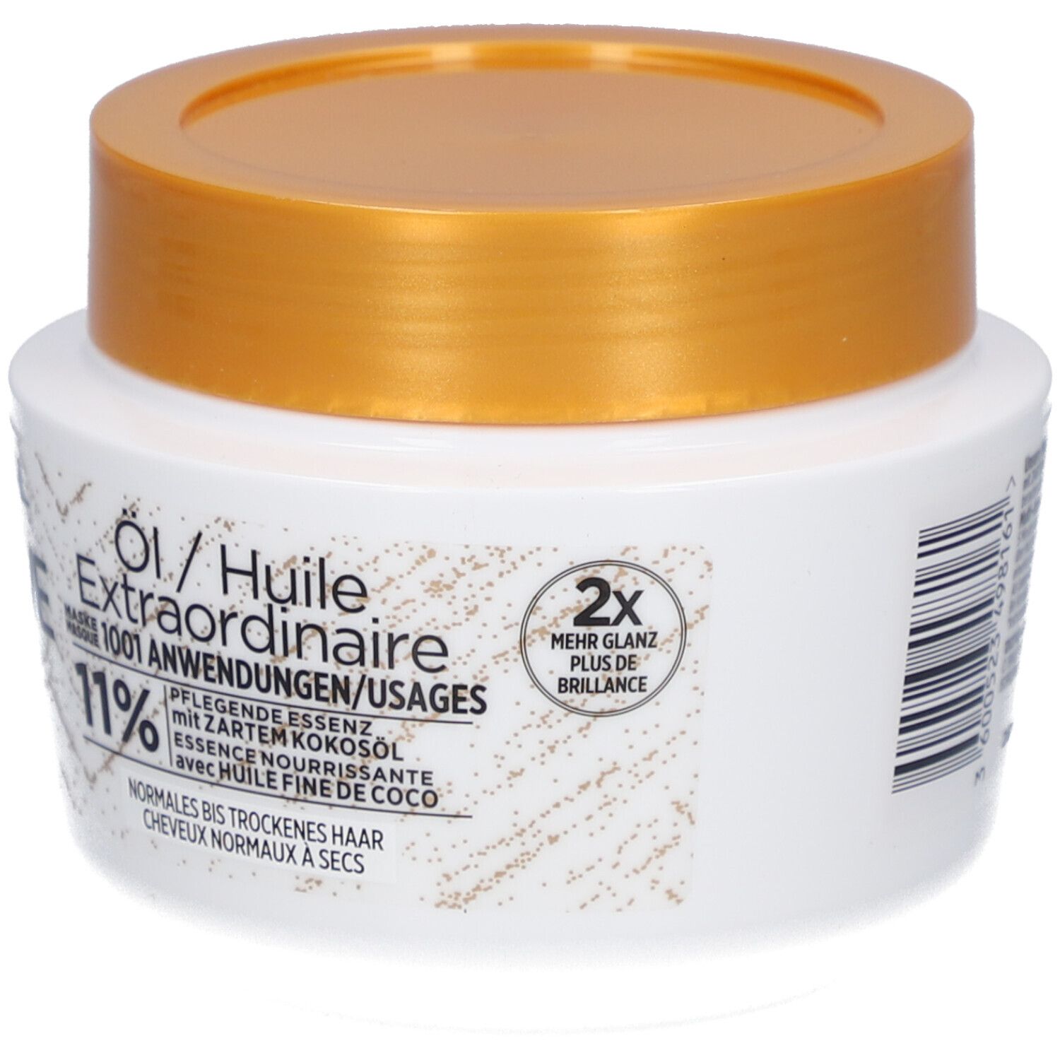 Pot blanc avec couvercle doré. Inscription : L'Oréal Paris Elseve, Masque 1001 Usages, Huile Extraordinaire.