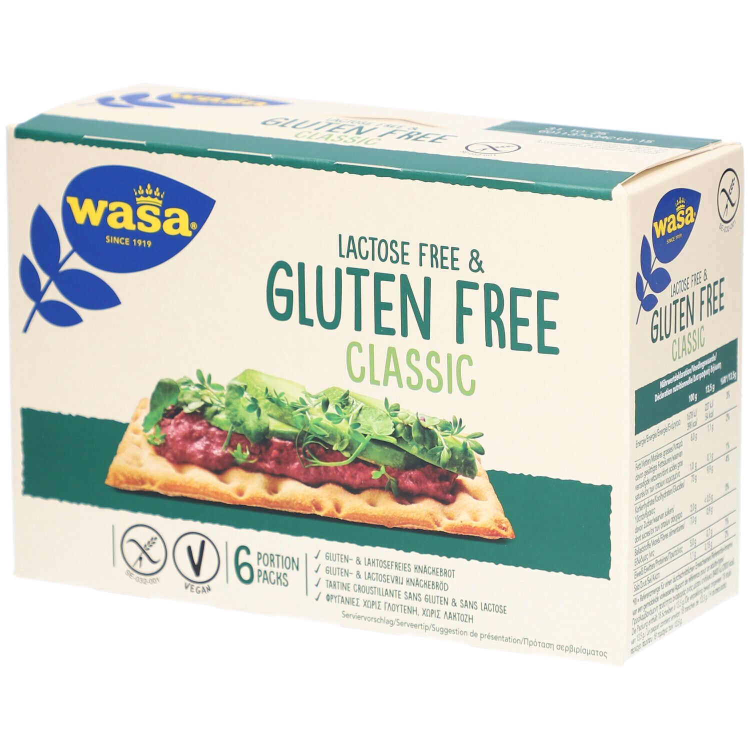 Paquet de Wasa Knäckebrot Classic, sans lactose et sans gluten. Six portions. Vegan.