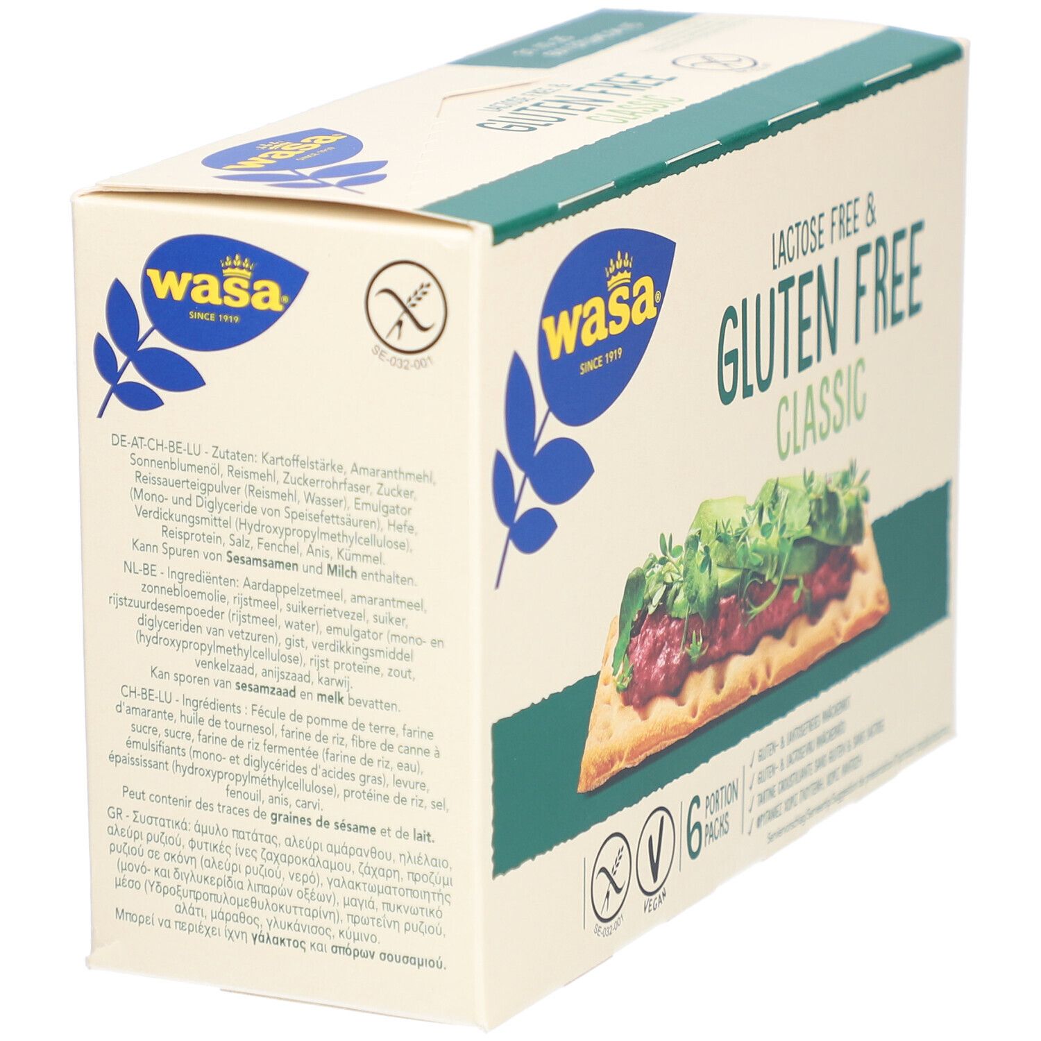 Paquet de Wasa Knäckebrot Classic, sans lactose et sans gluten. Liste des ingrédients.