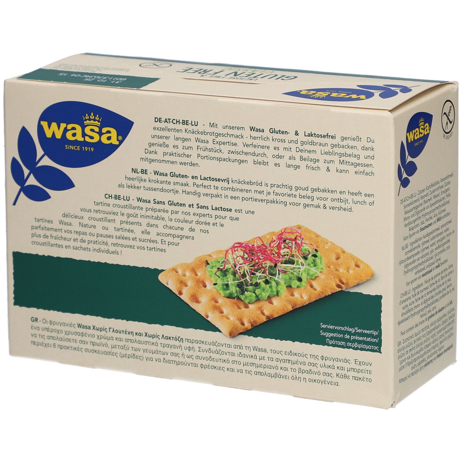 Paquet de Wasa Knäckebrot Classic, sans lactose et sans gluten. Texte au dos.