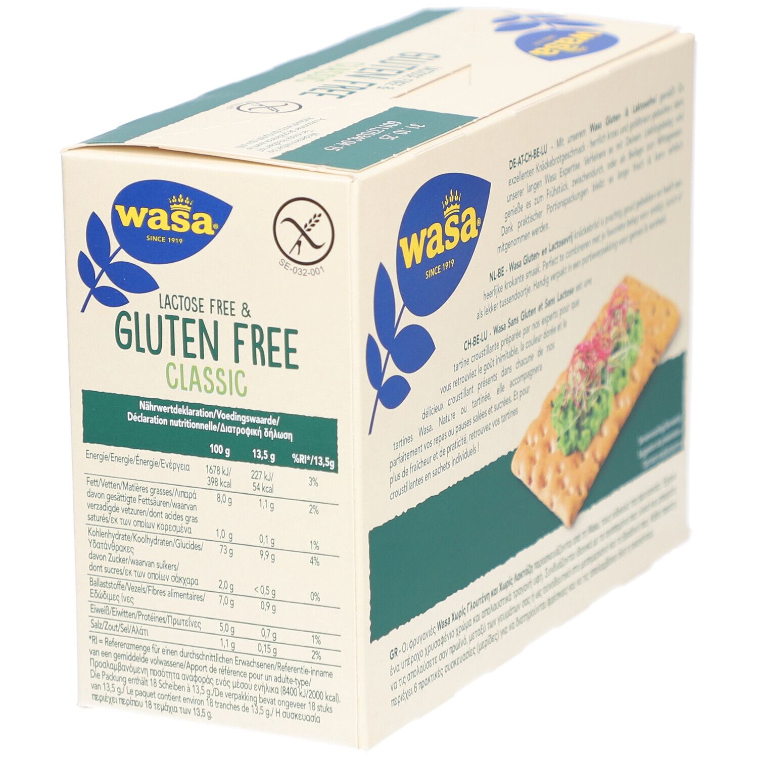 Paquet de Wasa Knäckebrot Classic, sans lactose et sans gluten. Informations nutritionnelles.