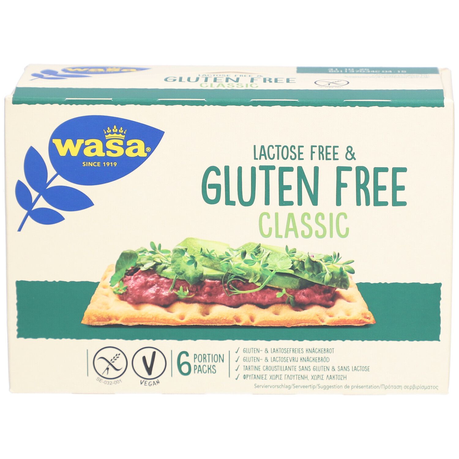 Paquet de Wasa Knäckebrot Classic, sans lactose et sans gluten. Six portions. Vegan.