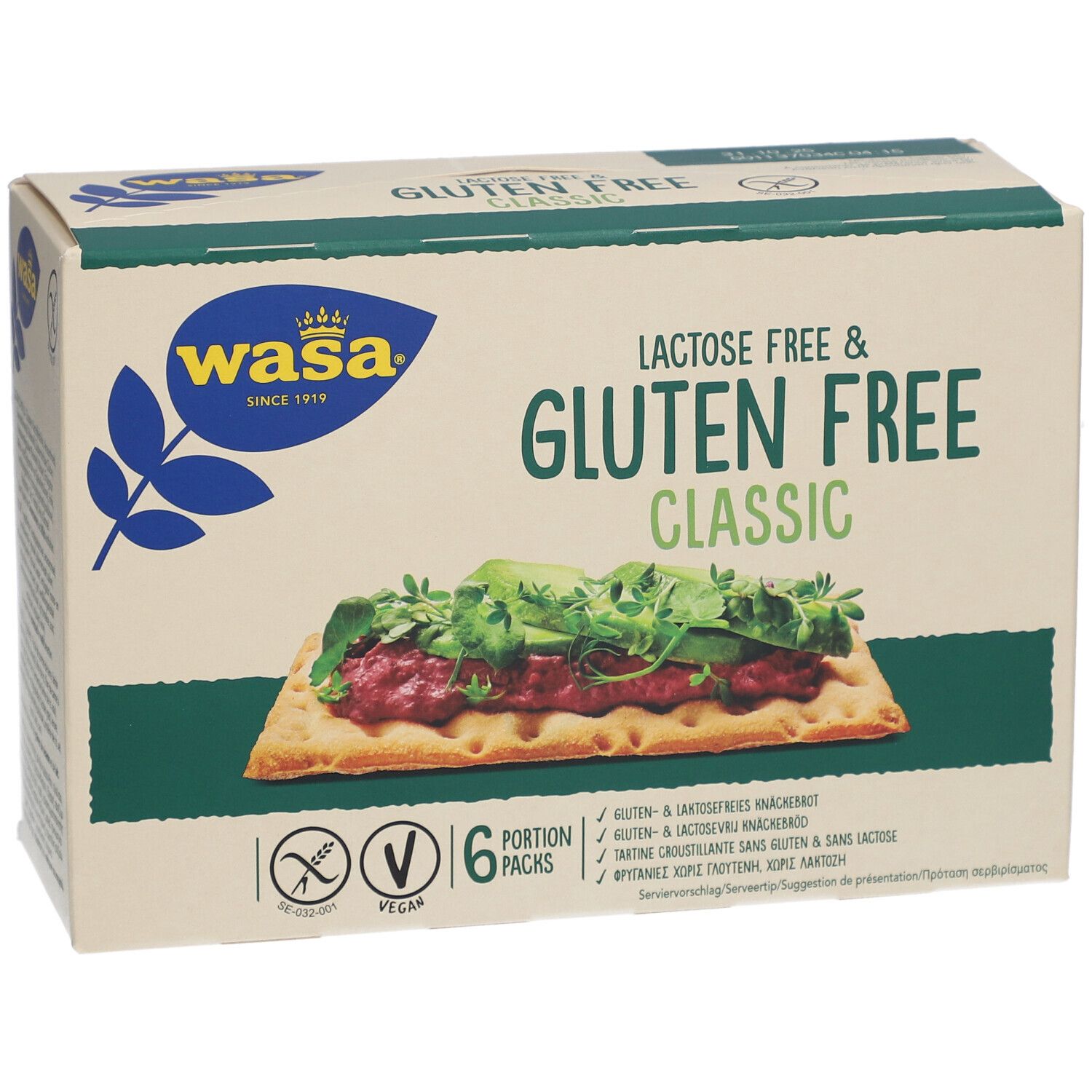 Paquet de Wasa Knäckebrot Classic, sans lactose et sans gluten. Six portions. Vegan.