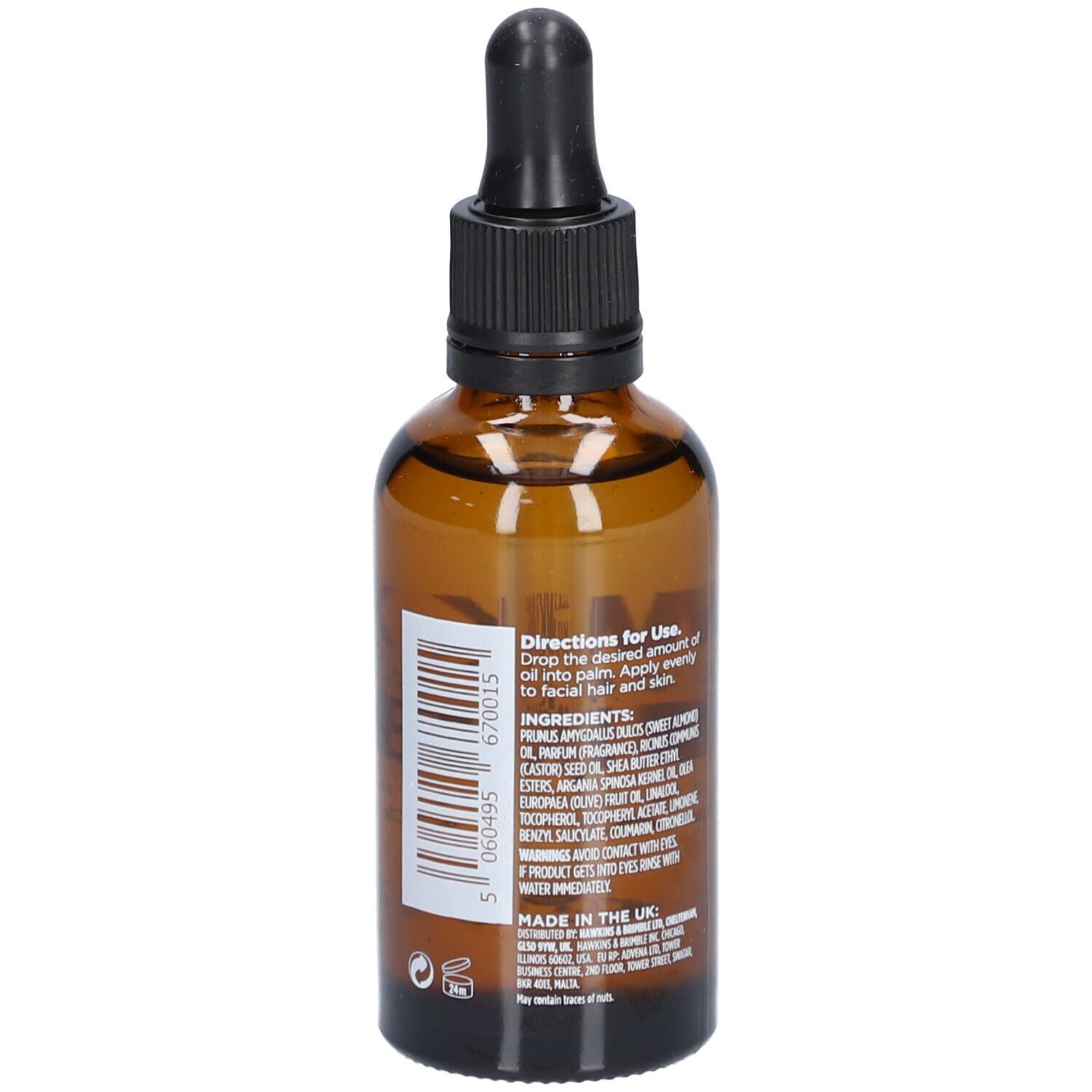 Braune Glasflasche mit schwarzem Tropfer. Rückseite mit Inhaltsstoffen und Anwendungshinweisen. Produktname nicht sichtbar.