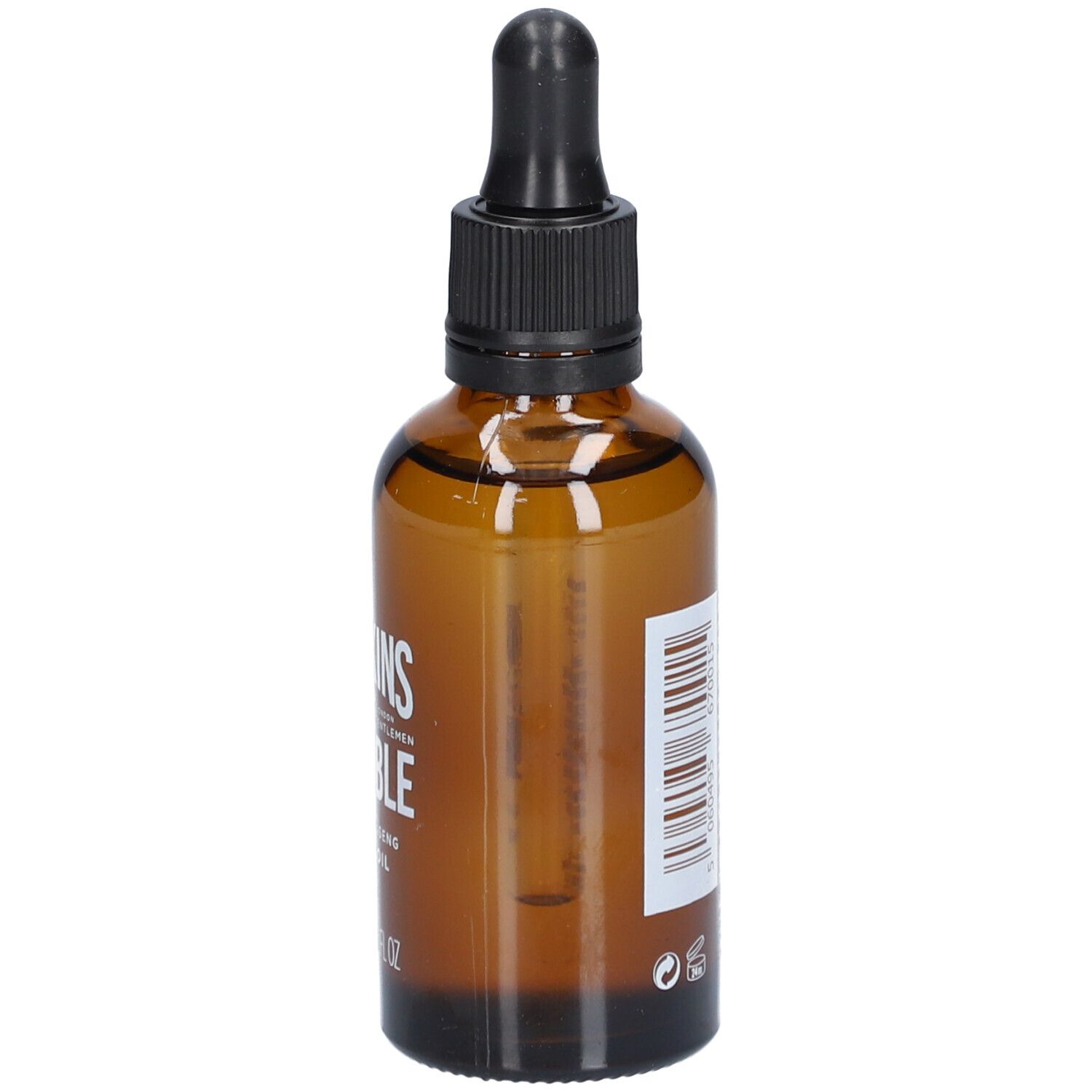 Braune Glasflasche mit schwarzem Tropfer. Auf der Rückseite Barcode und Text. Produktname nicht sichtbar.