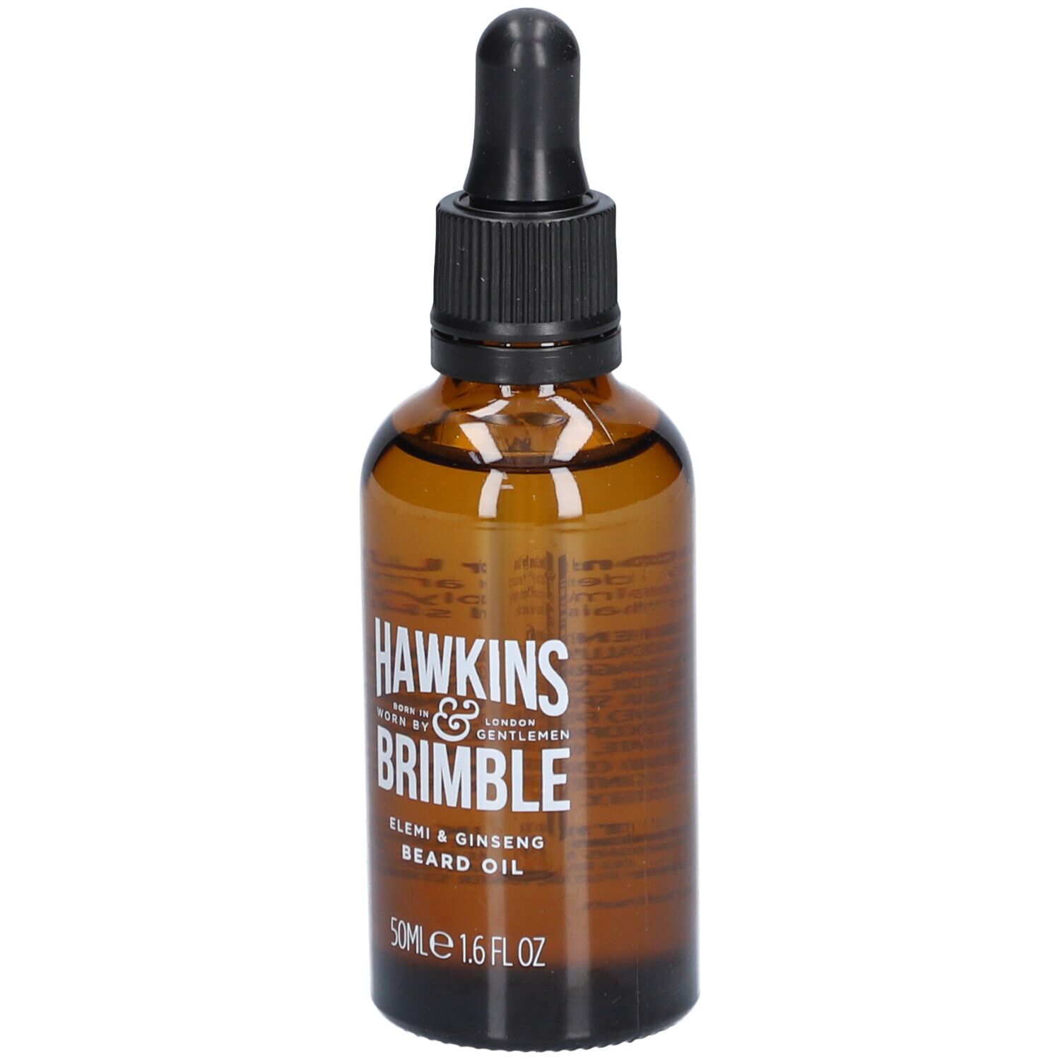 Braune Glasflasche mit schwarzem Tropfer. Aufschrift: HAWKINS & BRIMBLE, ELEMI & GINSENG BEARD OIL. 50ml 1.6 FL OZ.