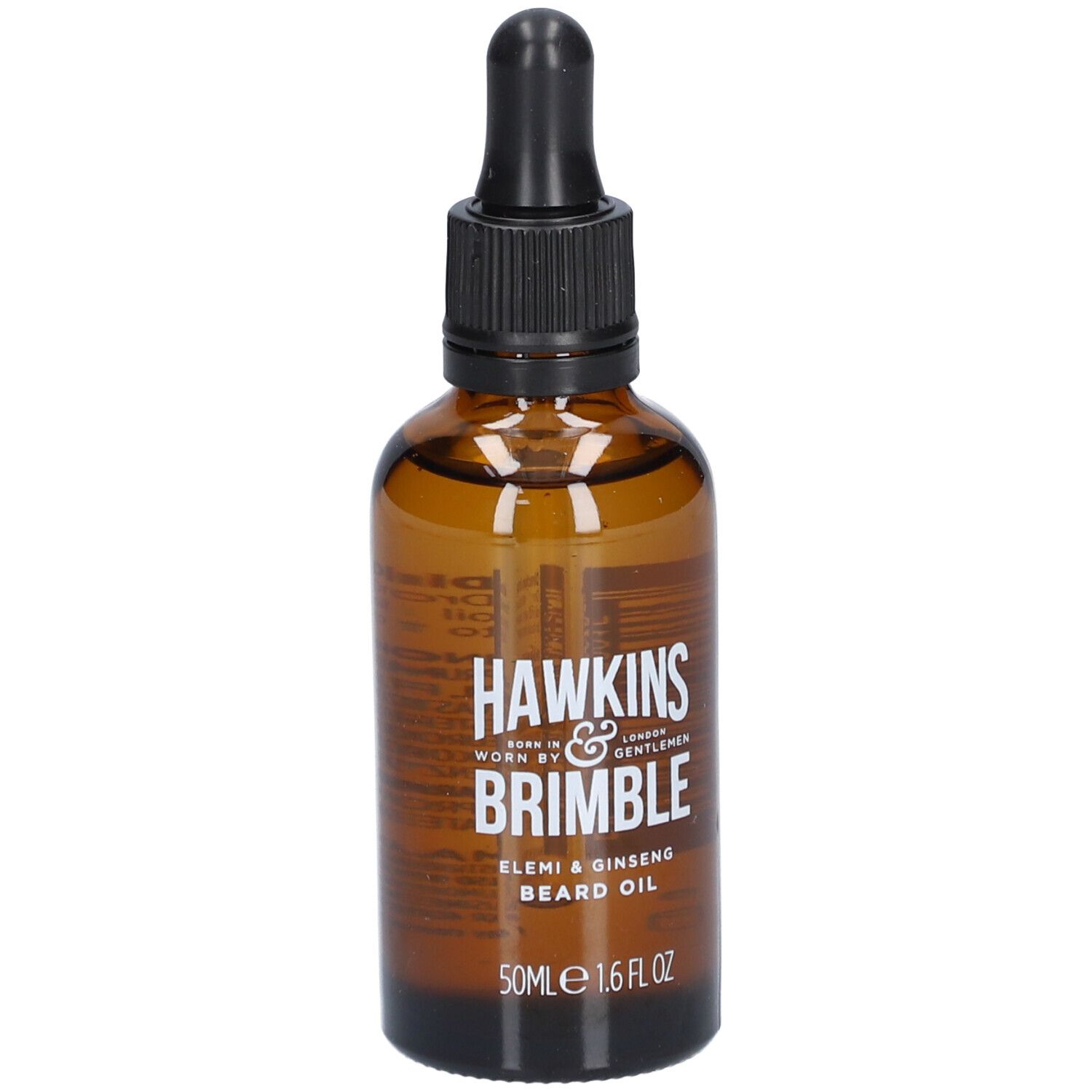 Braune Glasflasche mit schwarzem Tropfer. Aufschrift: HAWKINS & BRIMBLE, ELEMI & GINSENG BEARD OIL. 50ml 1.6 FL OZ.