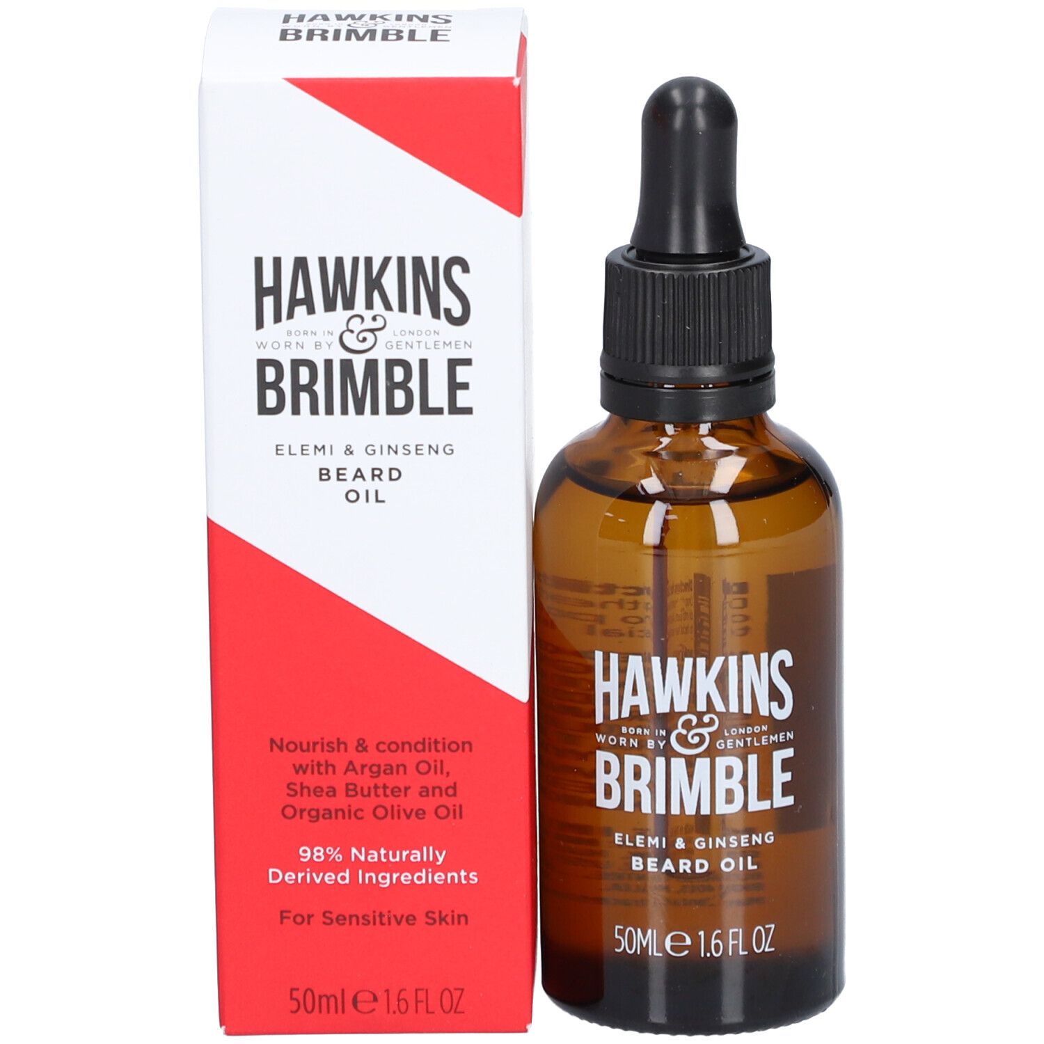 Braune Glasflasche mit schwarzem Tropfer und Verpackung. Aufschrift: HAWKINS & BRIMBLE, ELEMI & GINSENG BEARD OIL. 50ml 1.6 FL OZ.