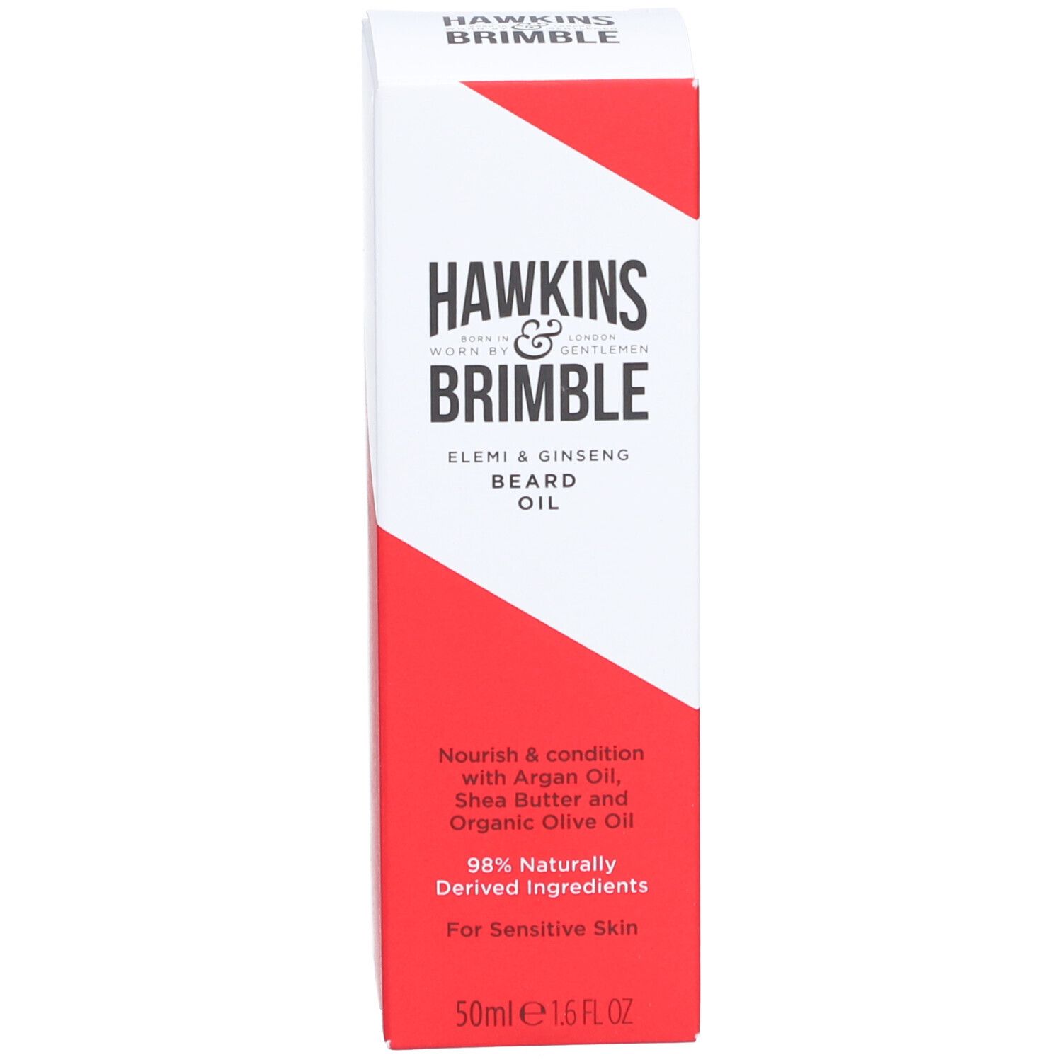 Verpackung mit Aufschrift: HAWKINS & BRIMBLE, ELEMI & GINSENG BEARD OIL. Rote und weiße Farben.