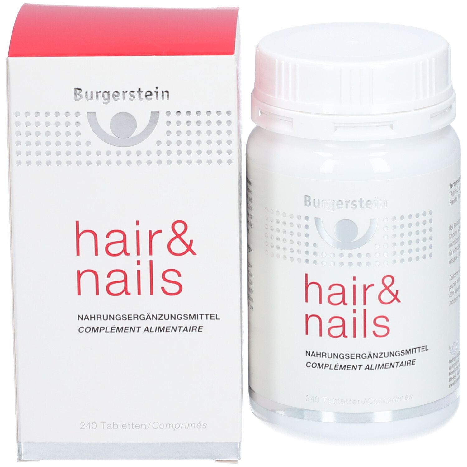 Weiße Flasche und Schachtel. Aufschrift: hair & nails, Nahrungsergänzungsmittel. Marke: Burgerstein.