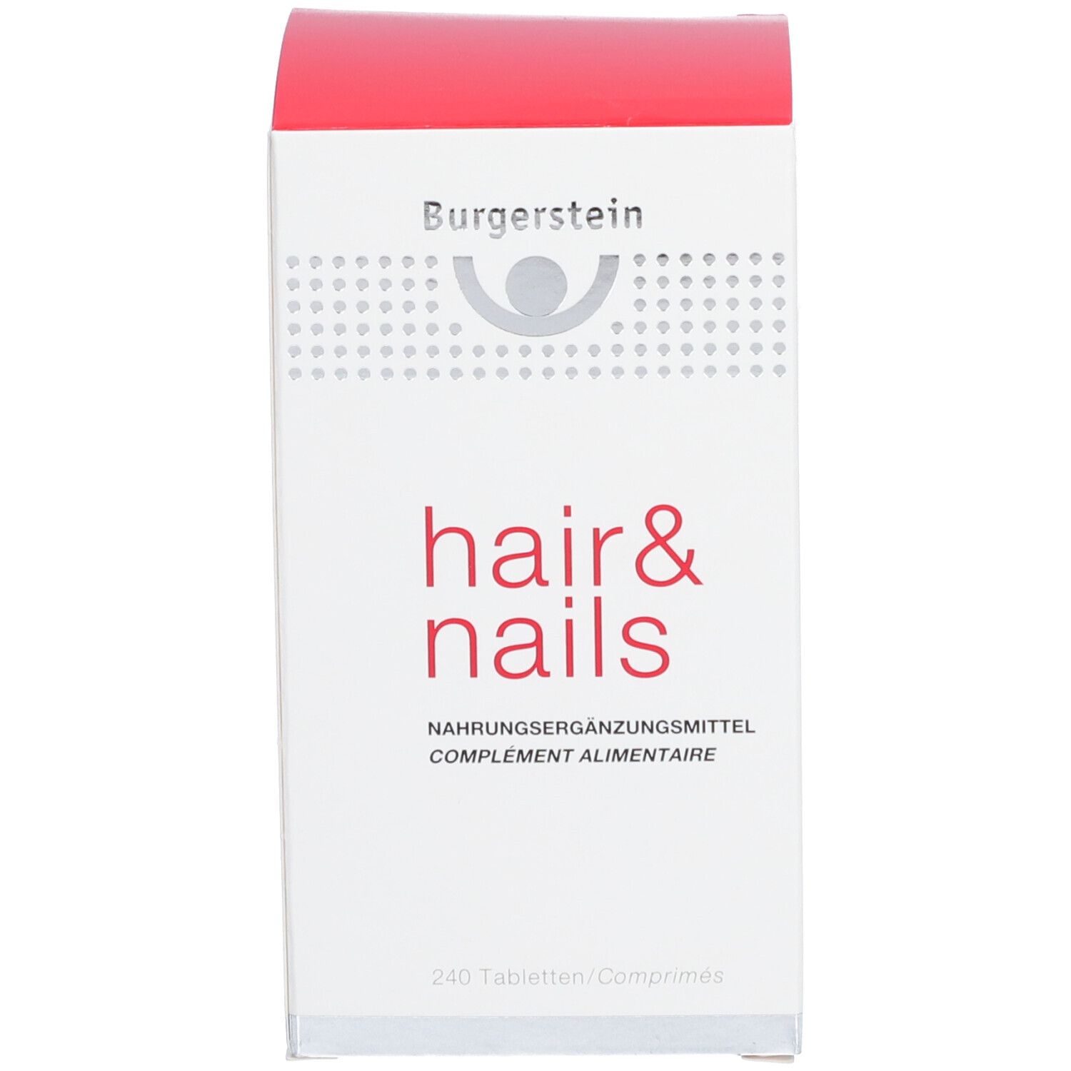 Rote und weiße Schachtel. Aufschrift: hair & nails, Nahrungsergänzungsmittel. Marke: Burgerstein.