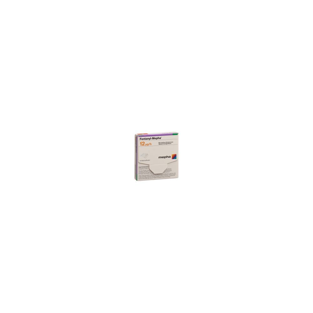 Karton Fentanyl Mepha Matrixpflaster 12 mcg/h. Aufdrucke: Name, Dosierung, Logo. Verpackung mit weißem Hintergrund.