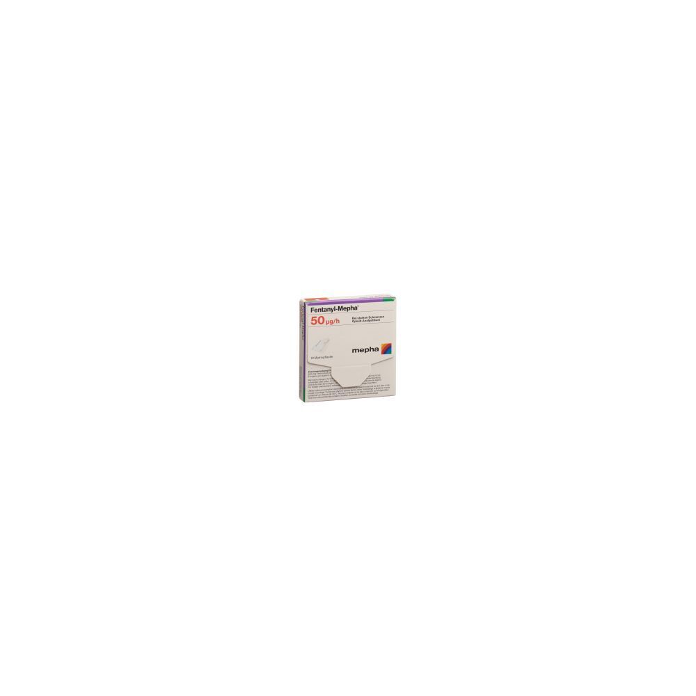 Karton Fentanyl Mepha Matrixpfl 50 mcg/h. Verpackung mit Produktinformationen und Logo.