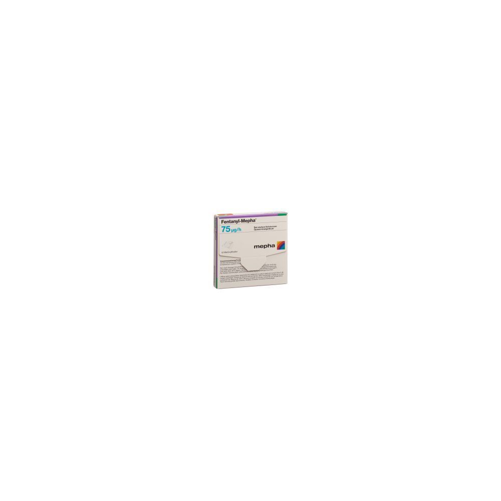 Kartonverpackung mit Produktinformationen. Beschriftung: Fentanyl Mepha Matrixpfl 75 mcg/h. Marke: Mepha.