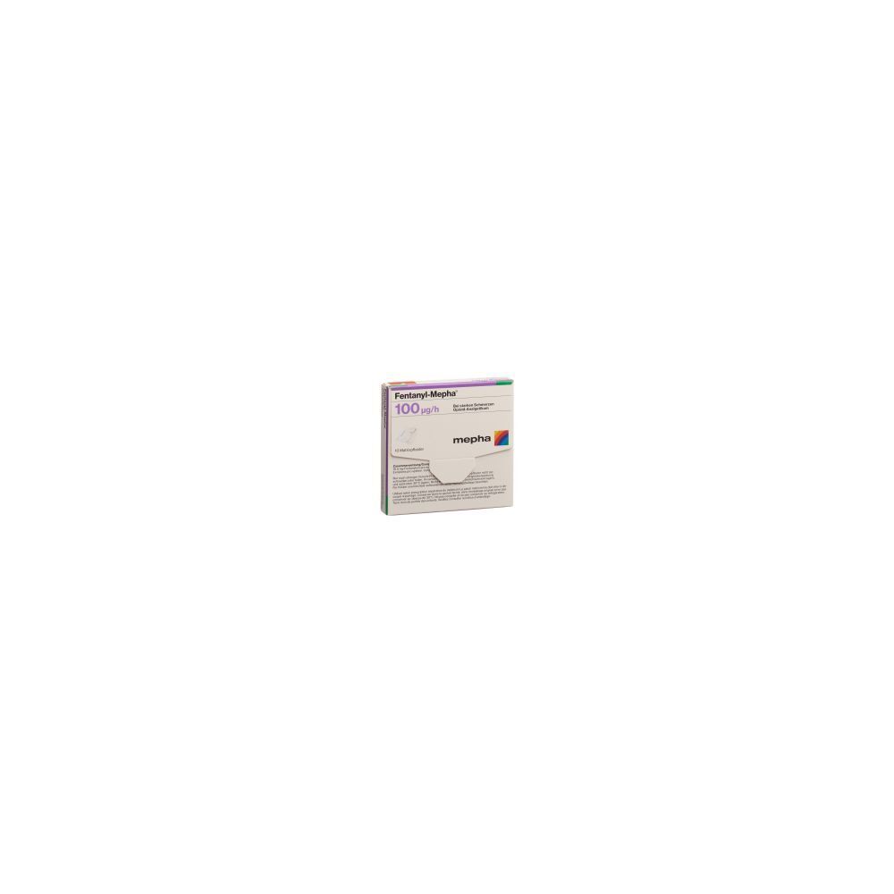 Karton mit Produktinformationen. Aufschrift: Fentanyl Mepha, 100 mcg/h. Marke: mepha.