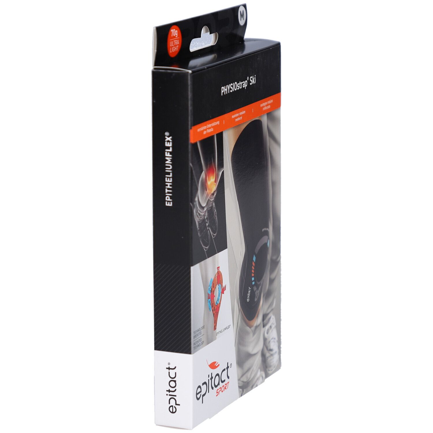 Seitenansicht der Verpackung. Aufdruck: Epitact, PHYSIOstrap Ski. Abbildung: Kniebandage. Text: EPITHELIUMFLEX.