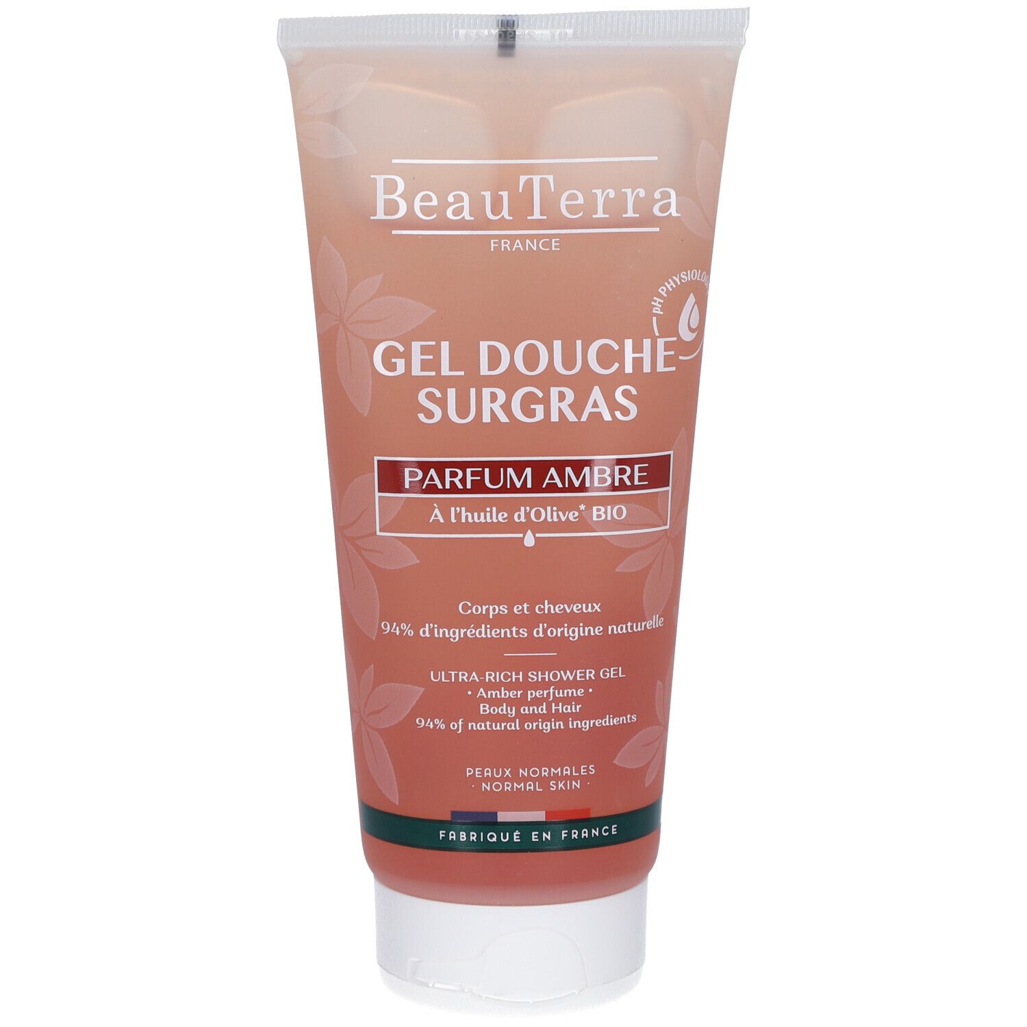 Beige Tube mit Produktnamen und Inhaltsangaben. "Gel Douche Surgras" und "Parfum Ambre" sind sichtbar.