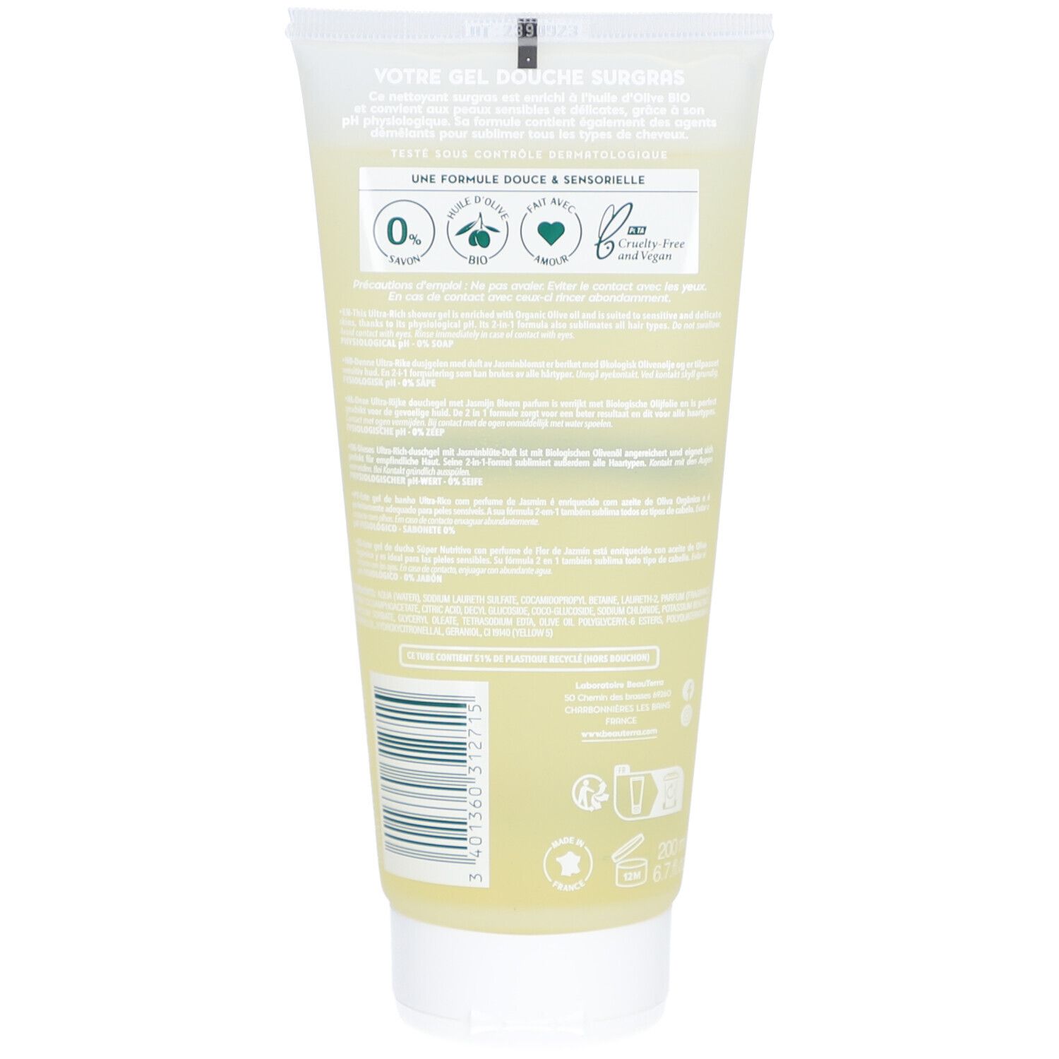 Rückseite der Duschgel-Tube. Text: 0% Seife, Bio, Vegan. Mit Informationen zu Inhaltsstoffen und Anwendung.