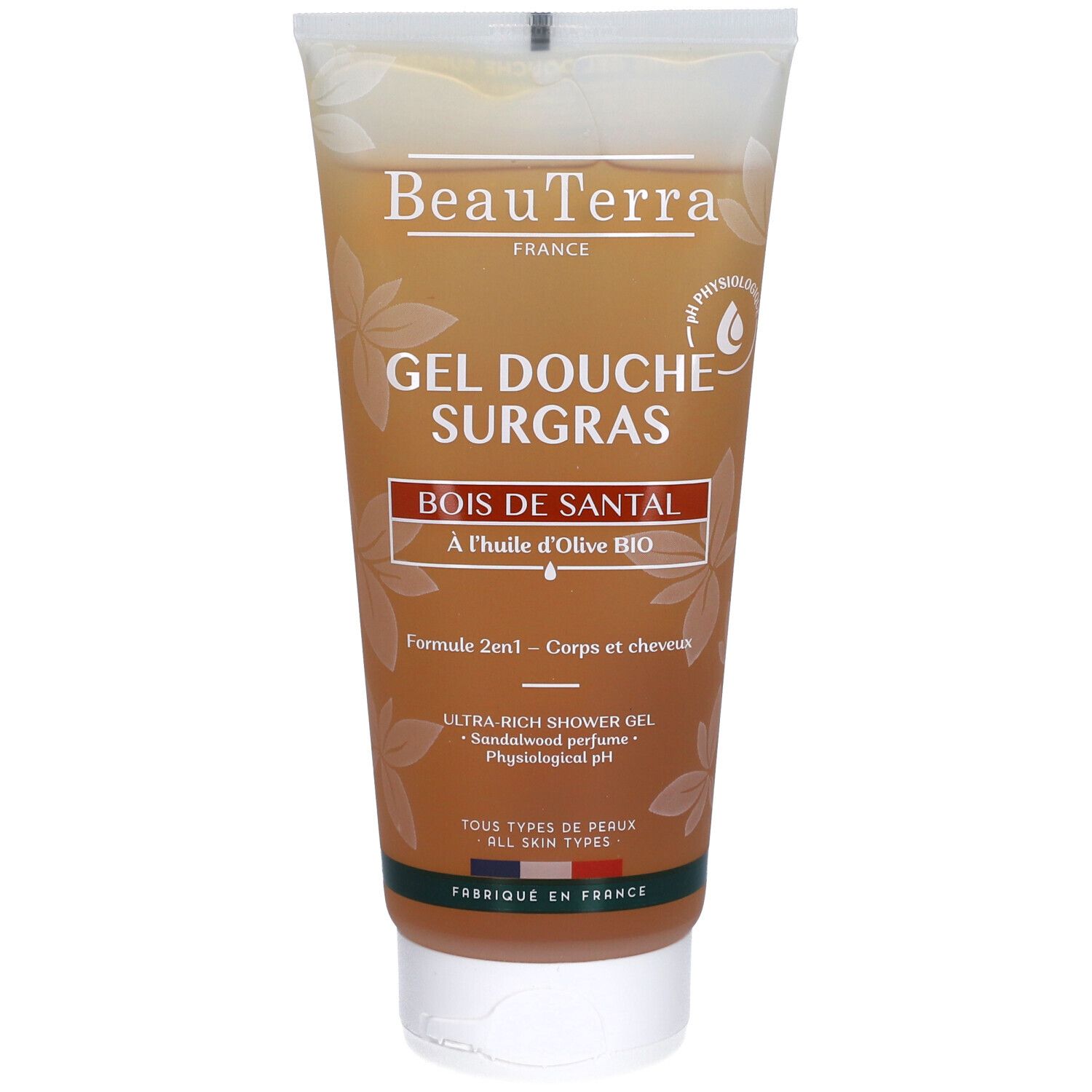 Beige Tube mit Produktnamen und Inhaltsstoffen. Text: Gel Douche Surgras Bois de Santal. Mit Olivenöl.