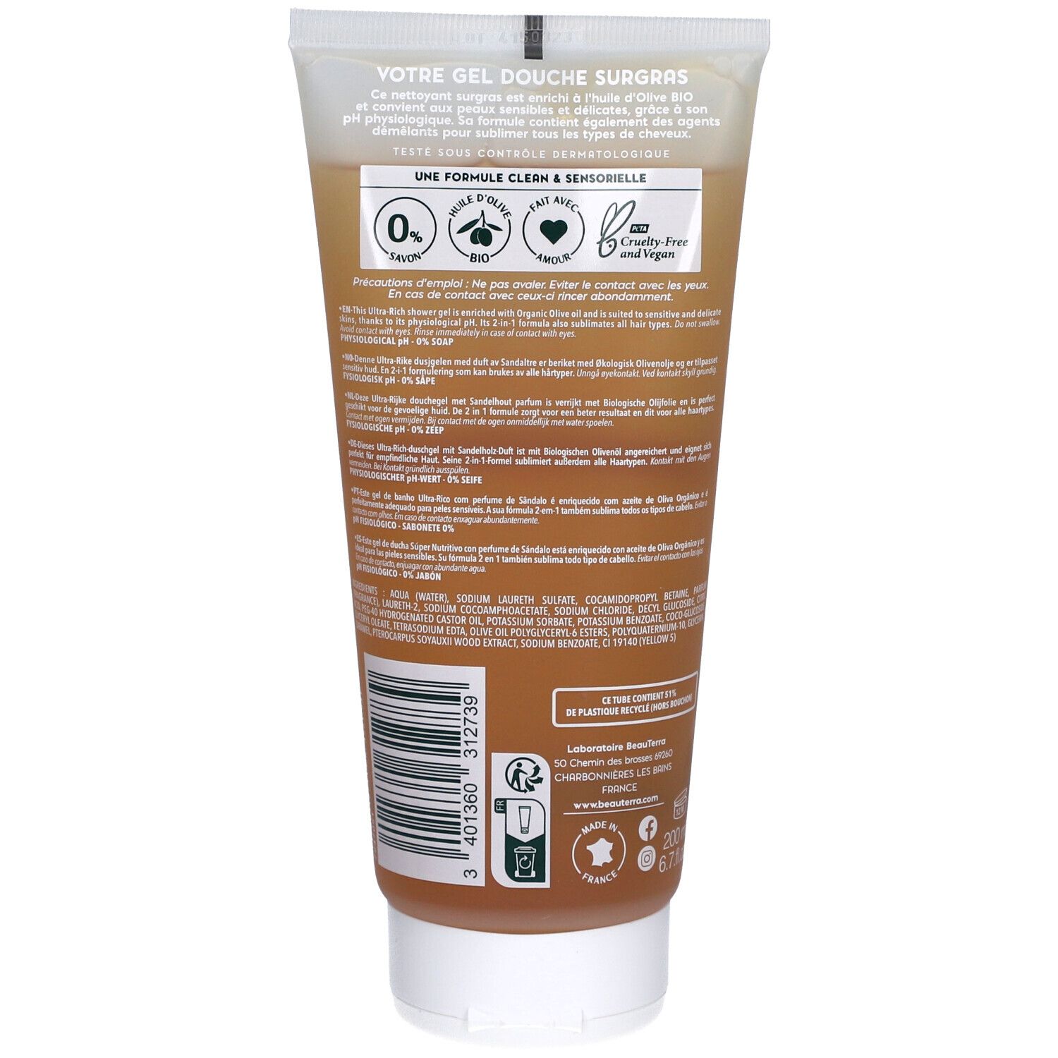 Rückseite der Tube. Text: Gel Douche Surgras. Inhaltsstoffe, Logos und Informationen. Recycelbar.