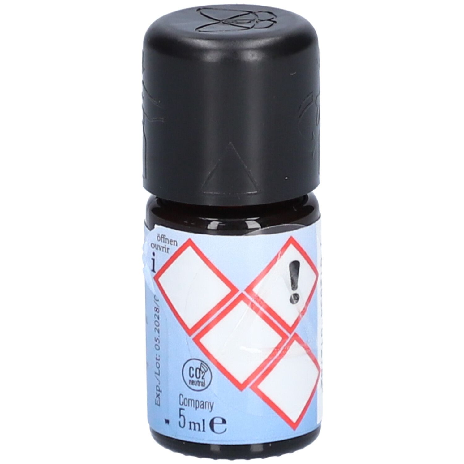 Braune Glasflasche mit schwarzem Deckel. Etikett mit Gefahrensymbolen und Aufschrift: 5 ml e.