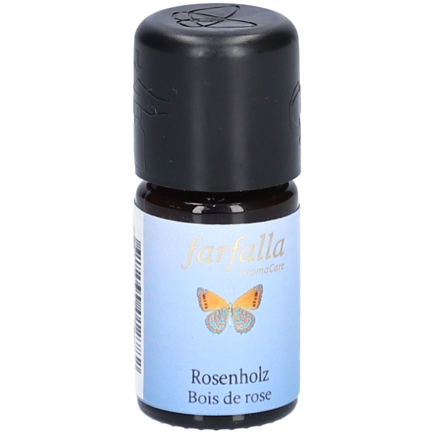 Braune Glasflasche mit schwarzem Deckel. Auf dem Etikett: Farfalla AromaCare, Schmetterling, Rosenholz, Bois de rose.