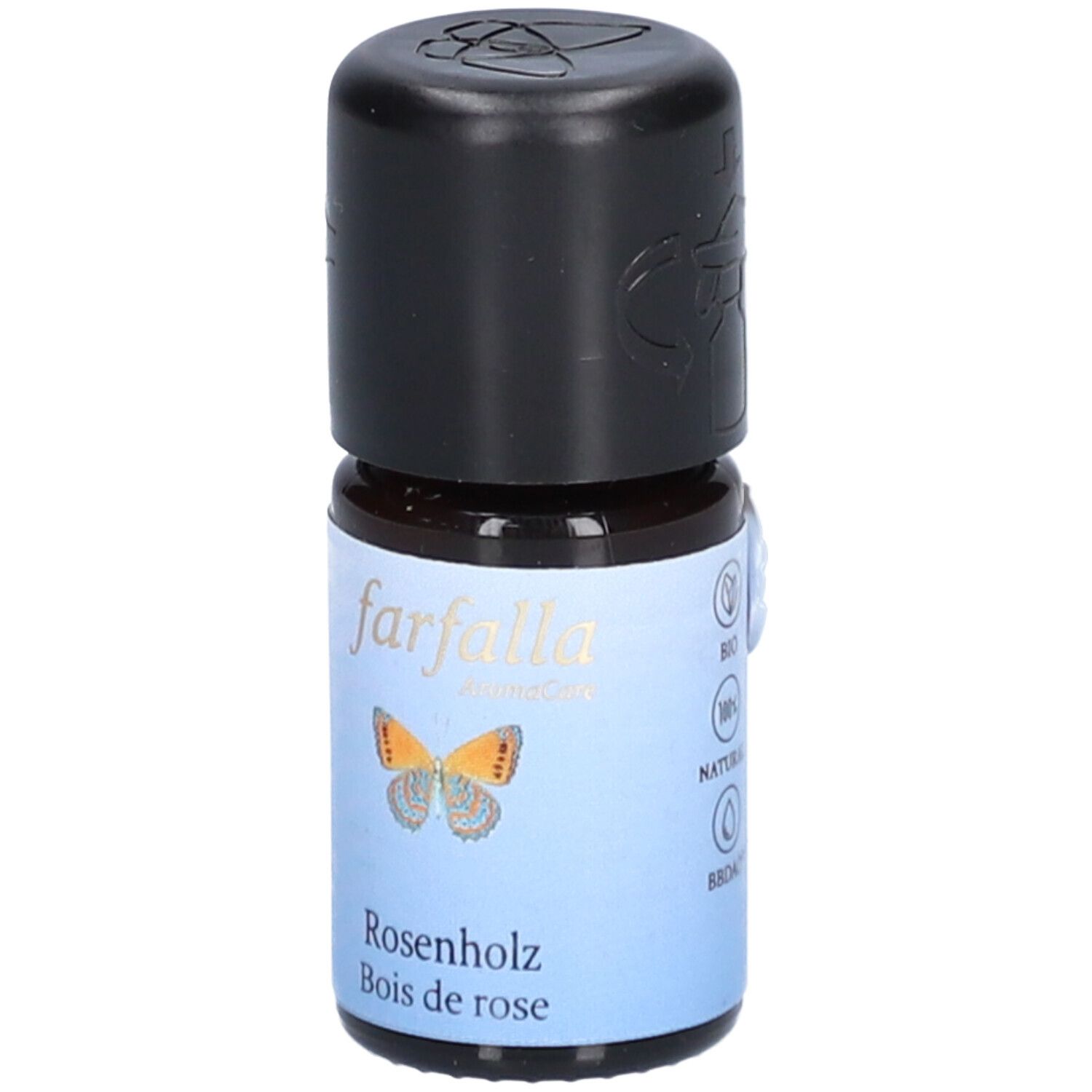 Braune Glasflasche mit schwarzem Deckel. Auf dem Etikett: Farfalla AromaCare, Schmetterling, Rosenholz, Bois de rose. Bio-Siegel.