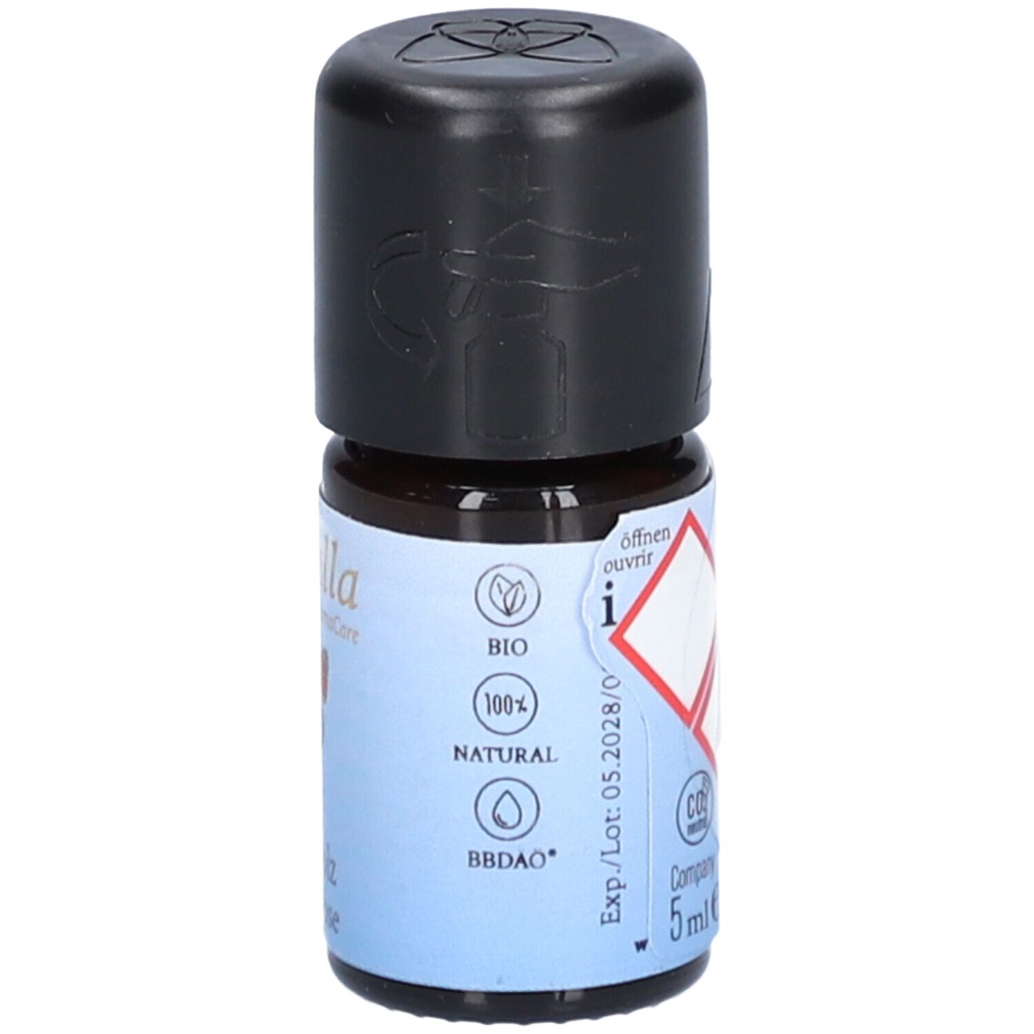 Braune Glasflasche mit schwarzem Deckel. Etikett mit Gefahrensymbolen und Bio-Siegel. Aufschrift: 5 ml e.