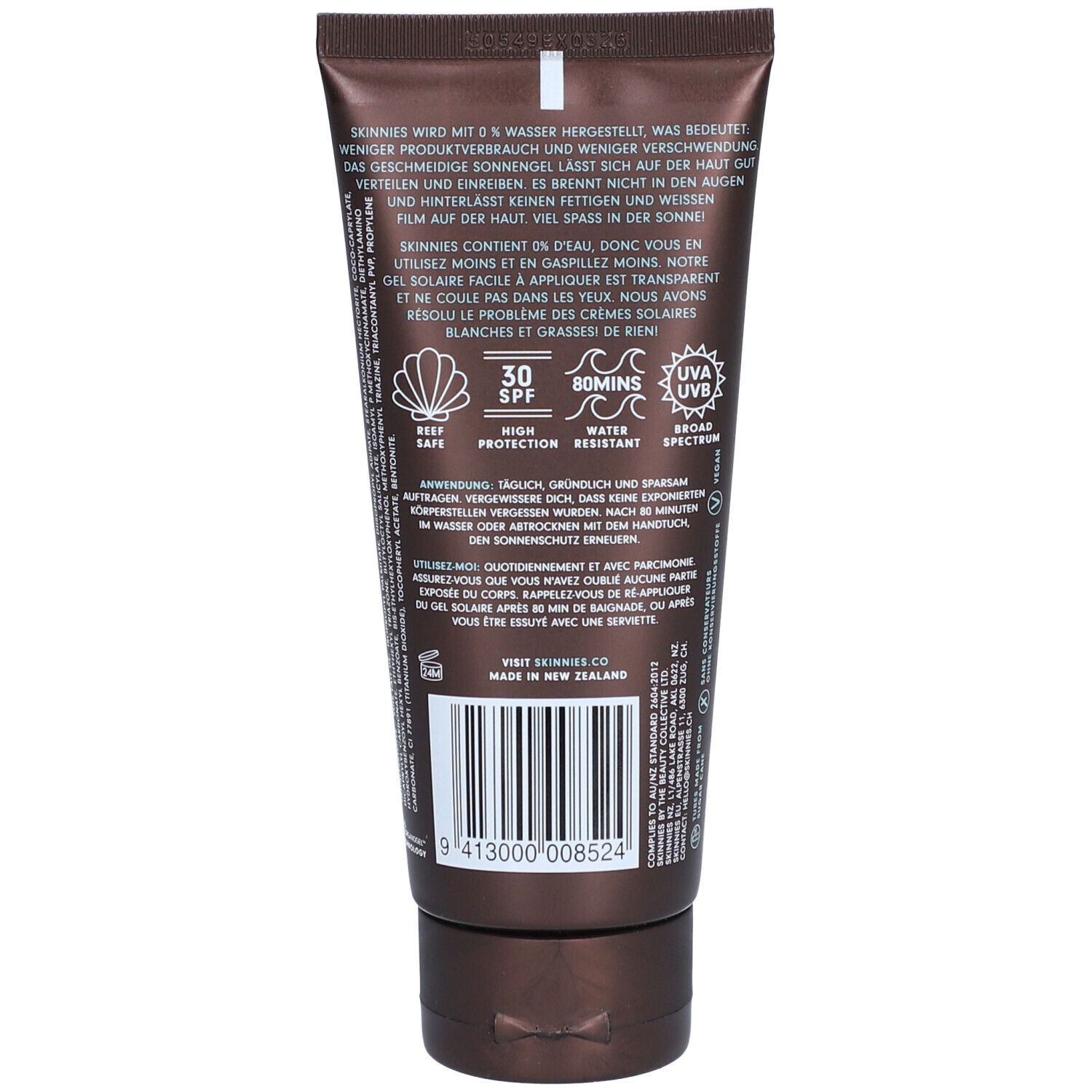 Rückseite einer braunen Tube mit Text, Logo und Barcode. Enthält SPF 30, 80 Minuten wasserresistent.