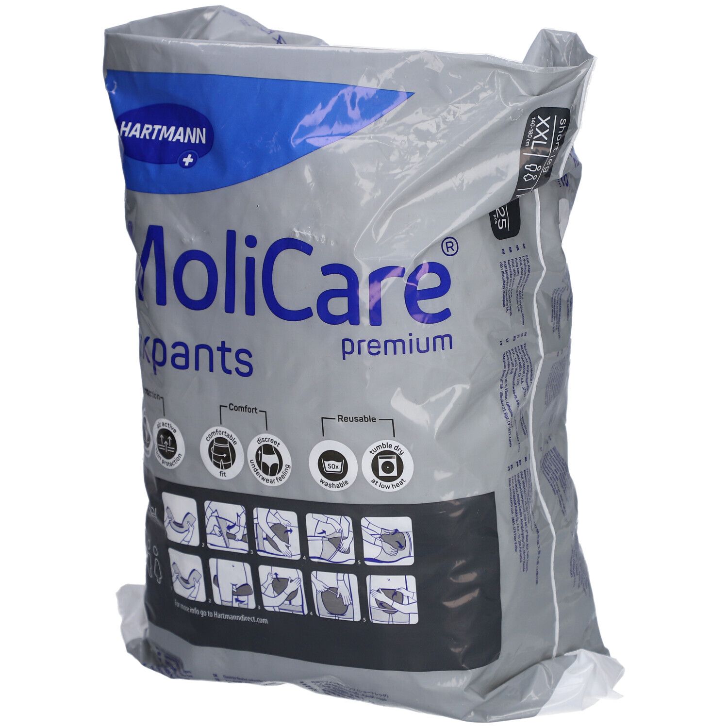 MoliCare Premium Fixpants in Verpackung. Marke Hartmann. Größe XXL. Wiederverwendbar. Komfortabel. Waschbar.