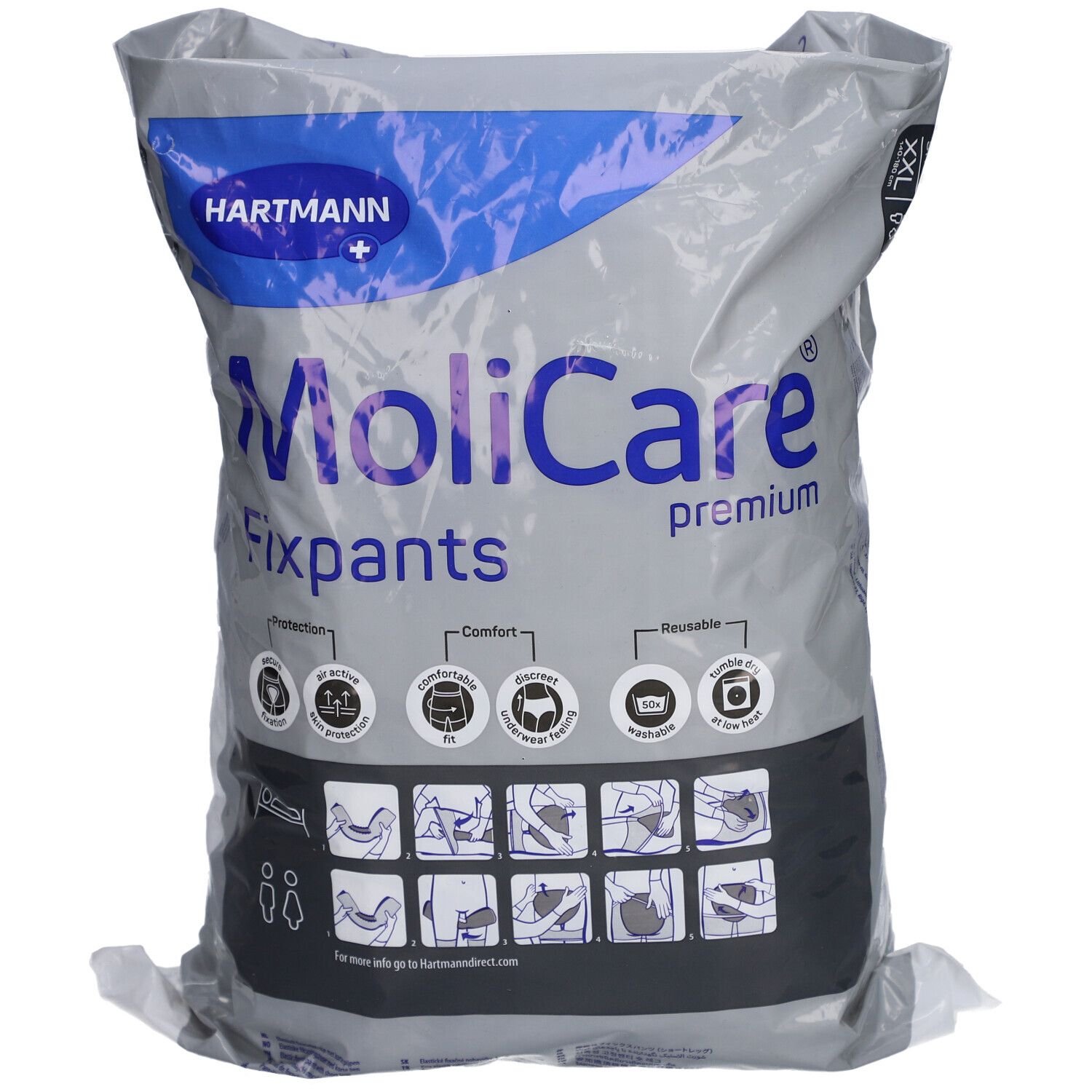 MoliCare Premium Fixpants in Verpackung. Marke Hartmann. Größe XXL. Wiederverwendbar. Komfortabel. Waschbar.