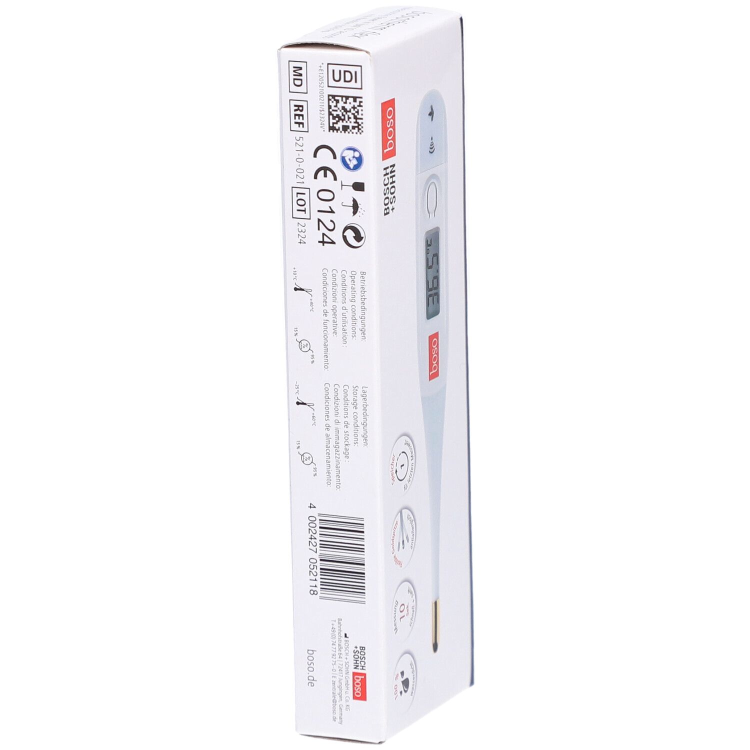 Verpackung des digitalen Fieberthermometers bosotherm flex. Rückseite mit Informationen und CE-Kennzeichnung.