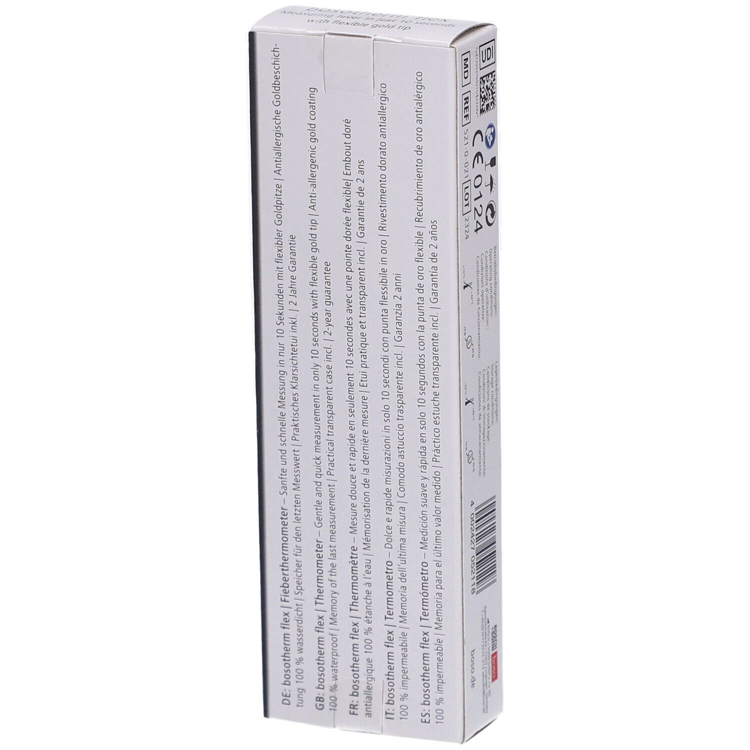 Verpackung des digitalen Fieberthermometers bosotherm flex. Text in Deutsch, Englisch, Französisch und Italienisch.