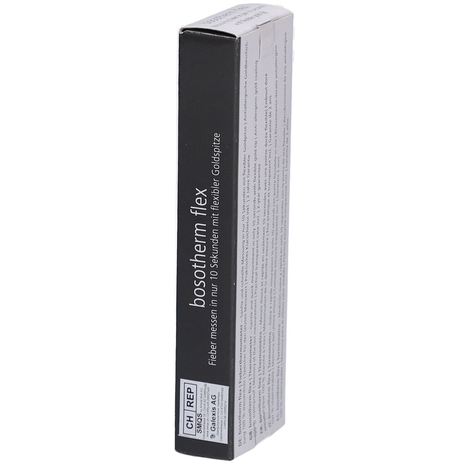 Verpackung des digitalen Fieberthermometers bosotherm flex. Text: Fieber messen in nur 10 Sekunden.