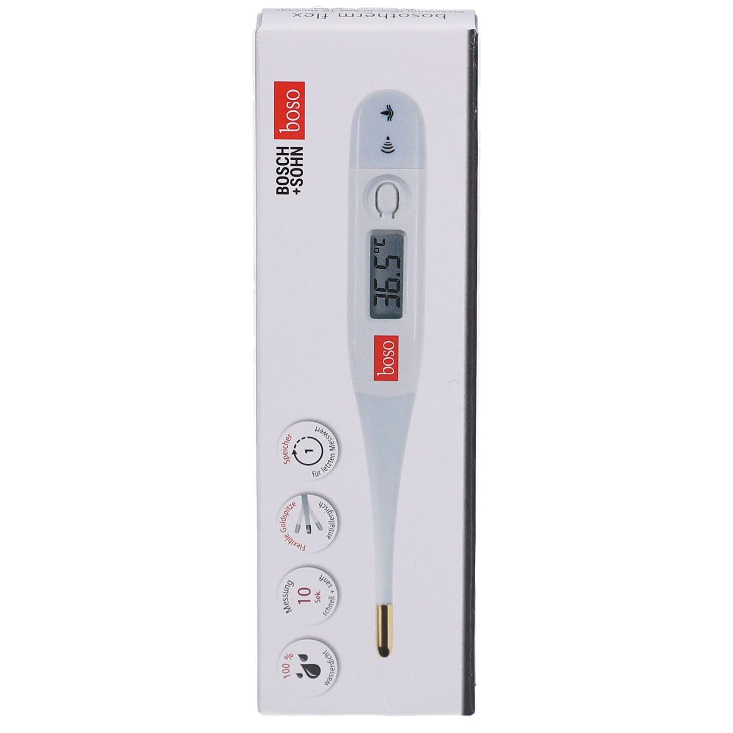 Digitales Fieberthermometer bosotherm flex in Verpackung. Anzeige: 36.5°C. Goldspitze, weißes Gehäuse. Marke: boso.
