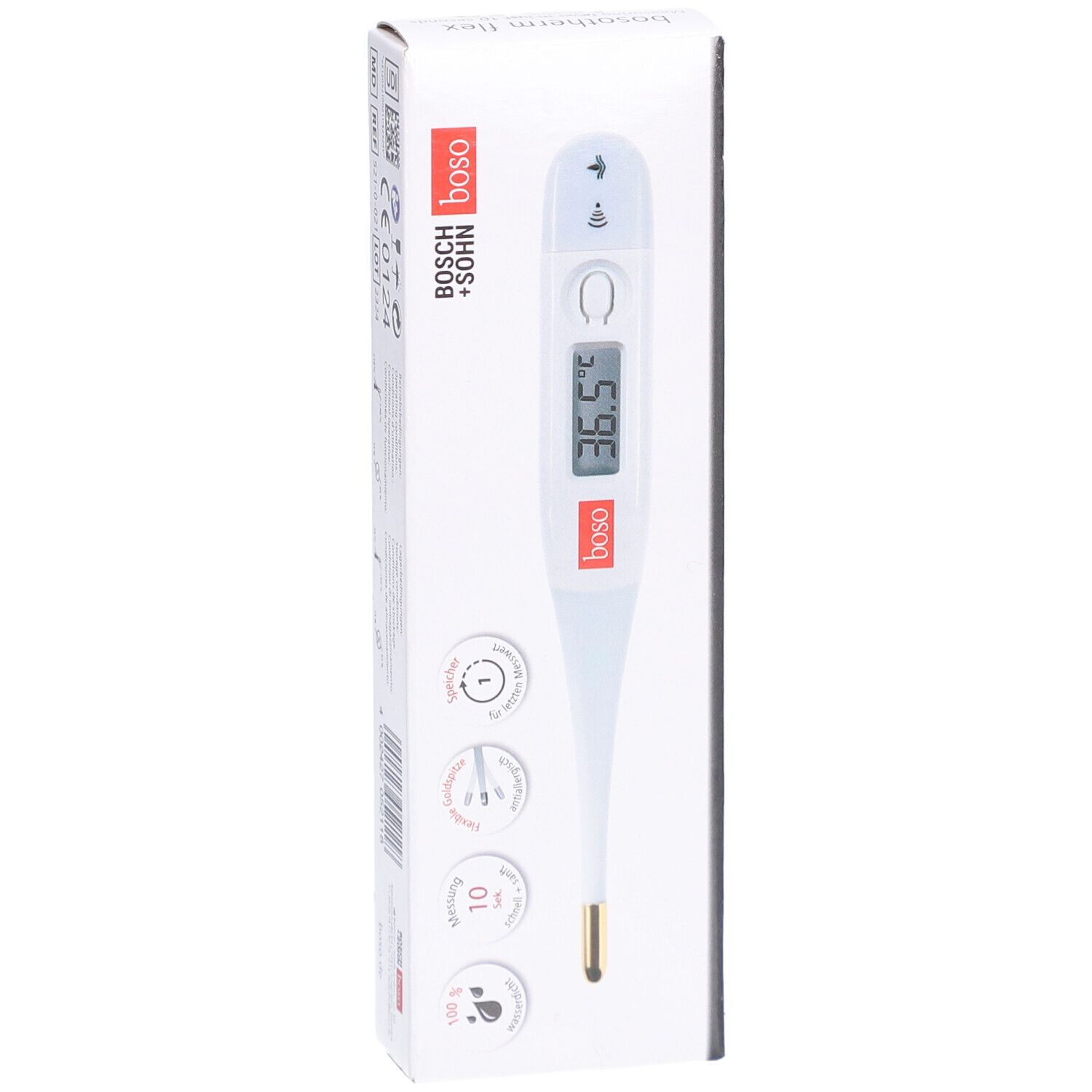 Digitales Fieberthermometer bosotherm flex in Verpackung. Anzeige: 36.5°C. Goldspitze, weißes Gehäuse. Marke: boso.