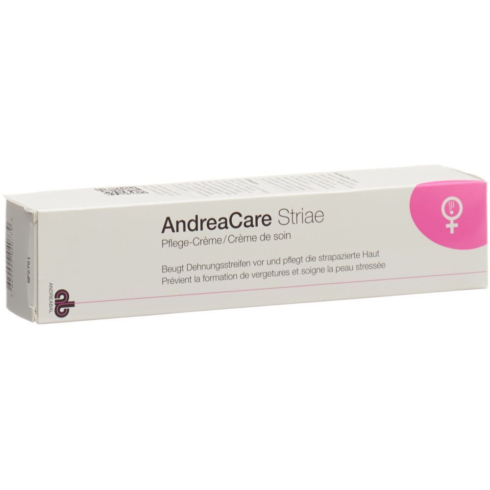 Weiße Faltschachtel mit Produktnamen AndreaCare Striae. Rosa Logo mit Frauensymbol. Text in Deutsch und Französisch.