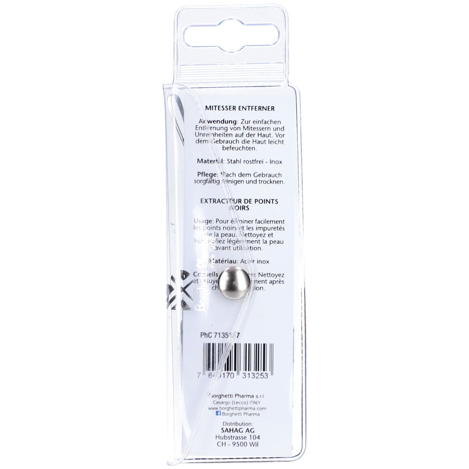 Dos de l'emballage blister. Texte: 'Extracteur de points noirs', matériau: acier inoxydable. Informations d'utilisation.