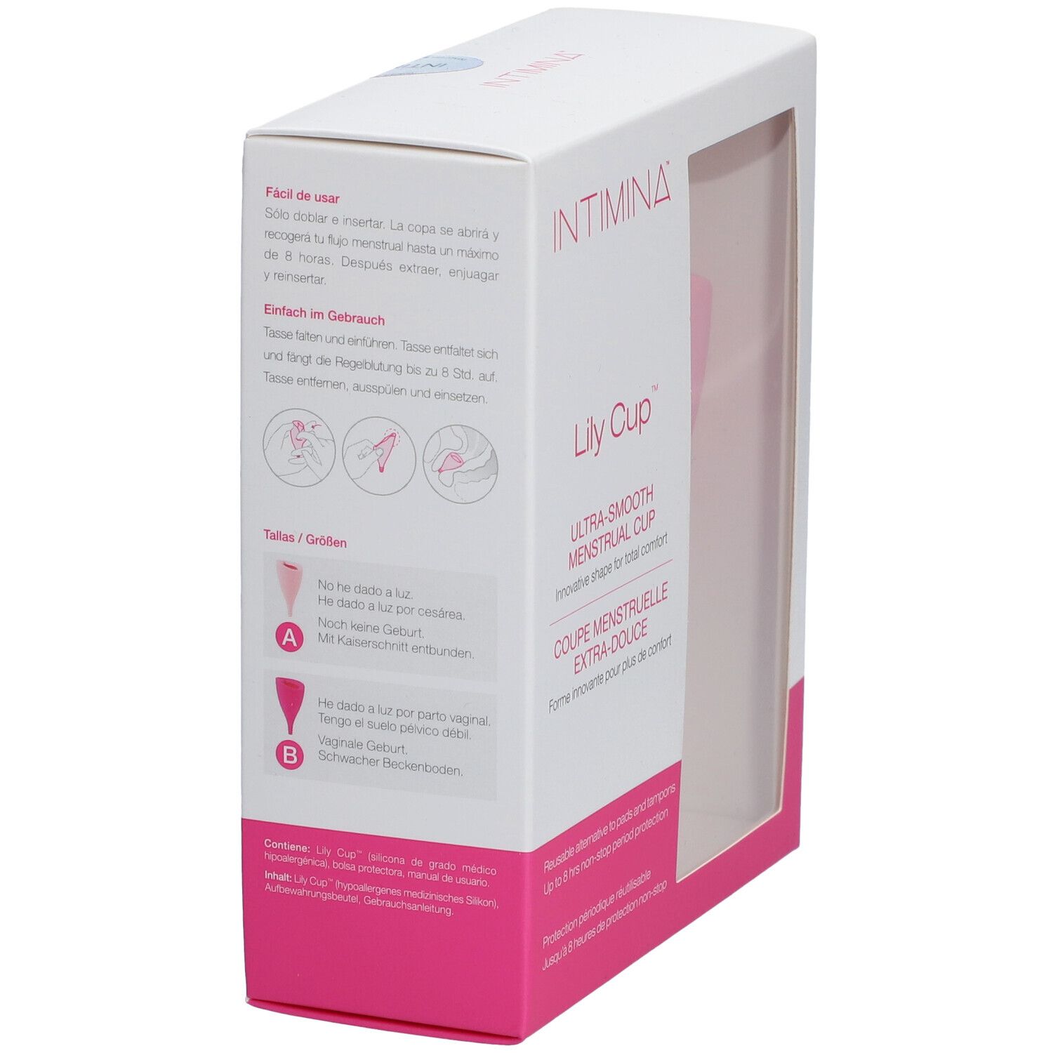 Emballage de la coupe menstruelle. Marque INTIMINA, nom du produit Lily Cup. Texte: Ultra-Smooth Menstrual Cup. Diagrammes d'utilisation.