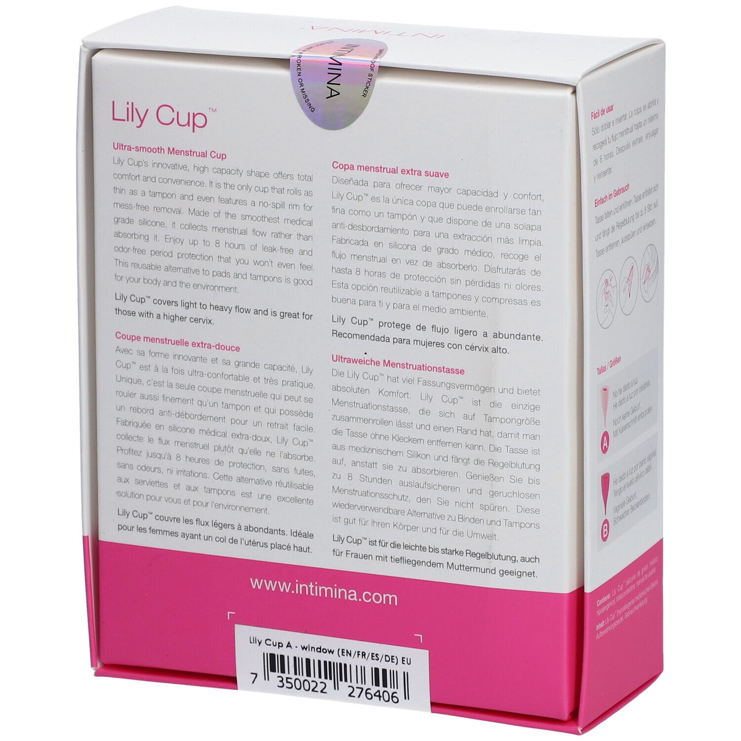 Emballage de la coupe menstruelle. Marque INTIMINA, nom du produit Lily Cup. Texte: Ultra-Smooth Menstrual Cup. Informations et certifications.