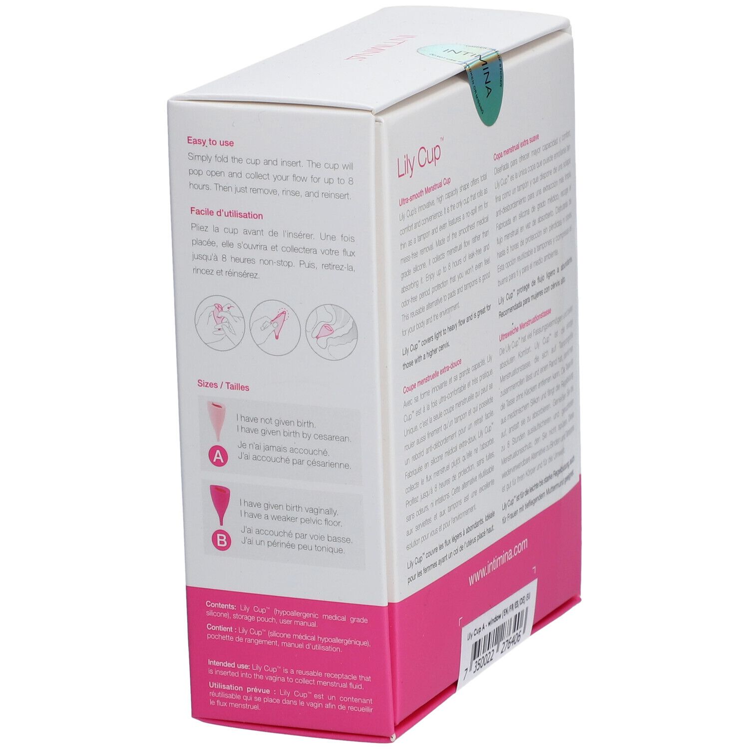 Emballage de la coupe menstruelle. Marque INTIMINA, nom du produit Lily Cup. Texte: Ultra-Smooth Menstrual Cup. Instructions d'utilisation.