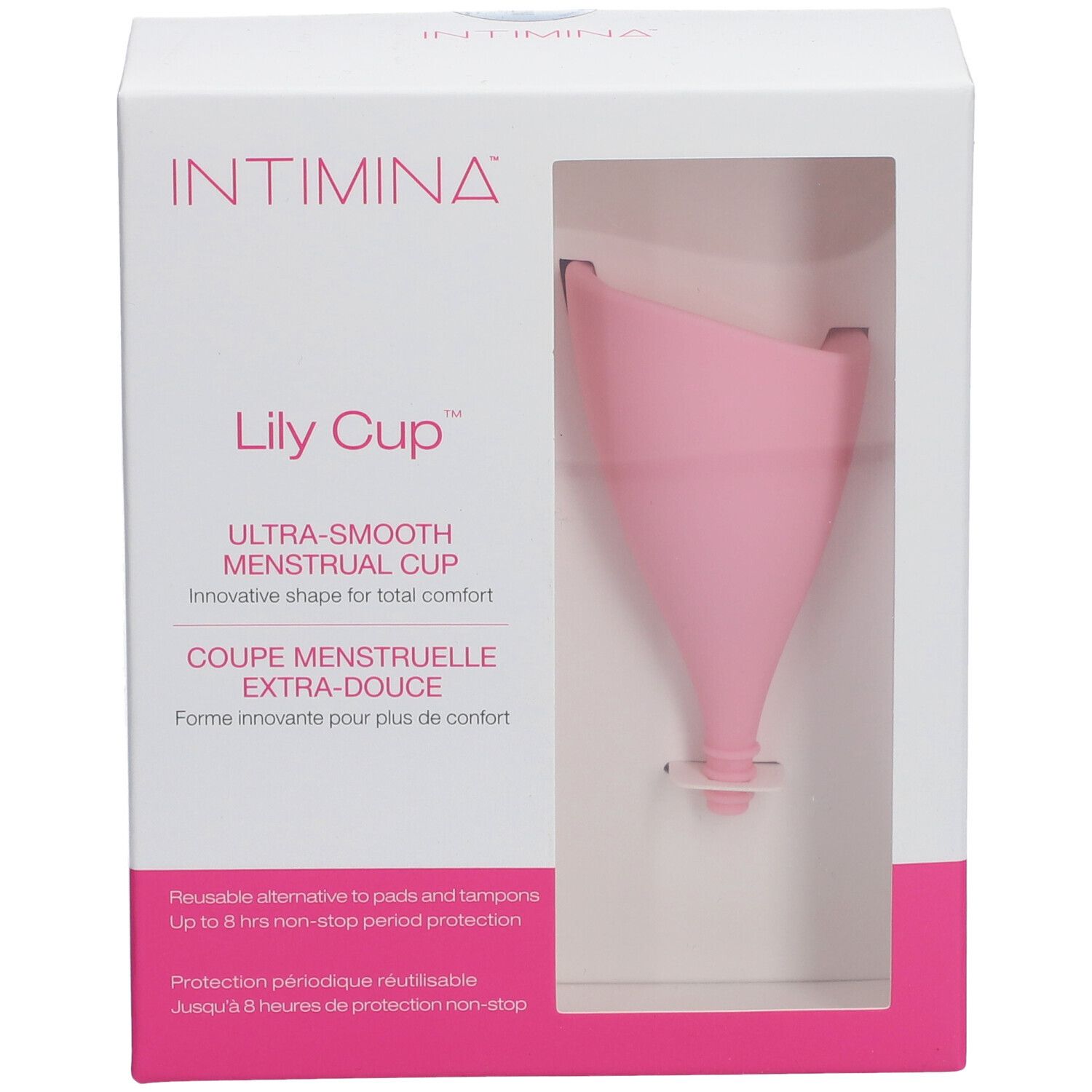 Coupe menstruelle rose dans un emballage. Marque INTIMINA, nom du produit Lily Cup. Texte: Ultra-Smooth Menstrual Cup.